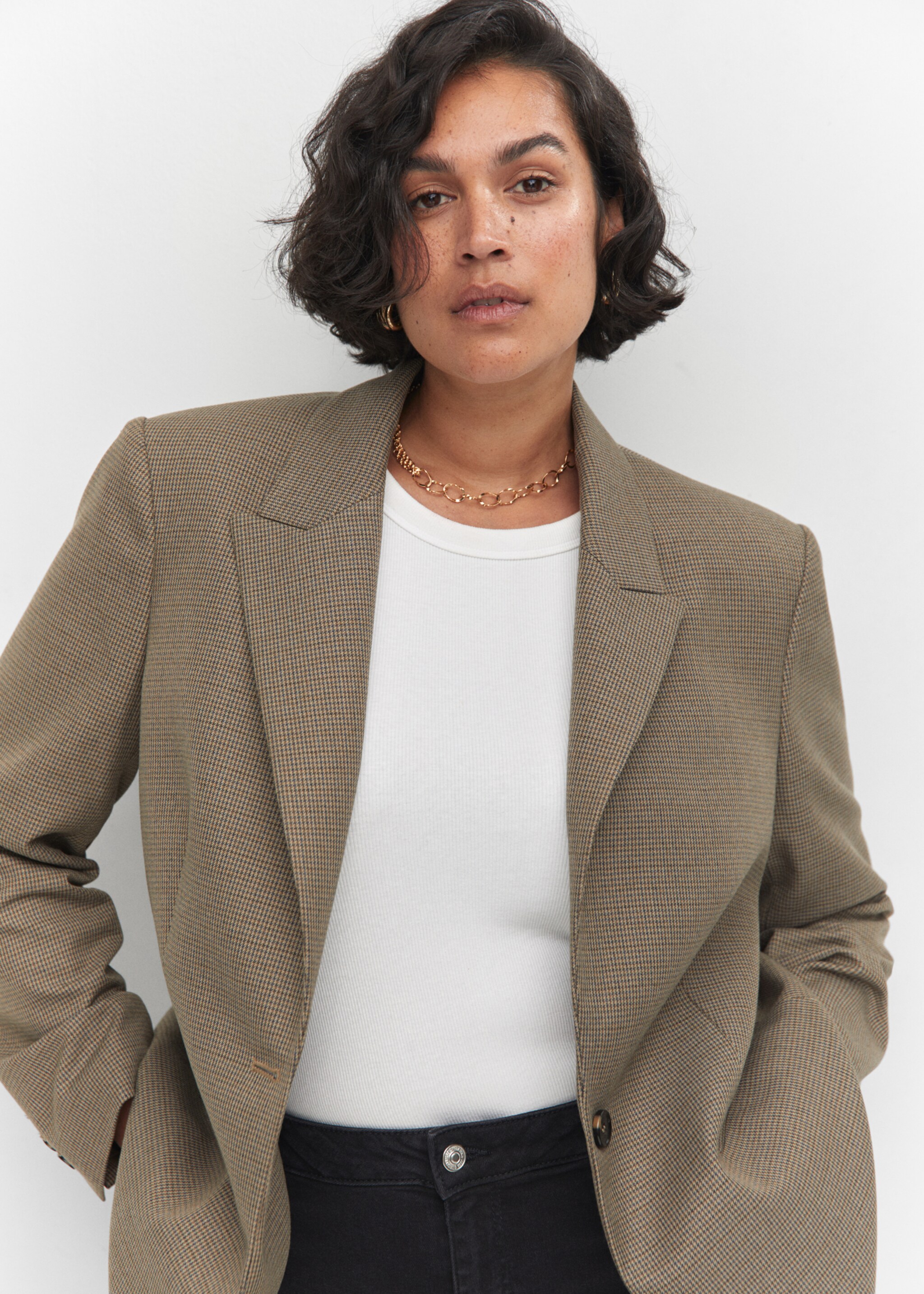 Houndstooth wool-blend blazer - Details of the article 4, Brown. Ref: 57065963-00.