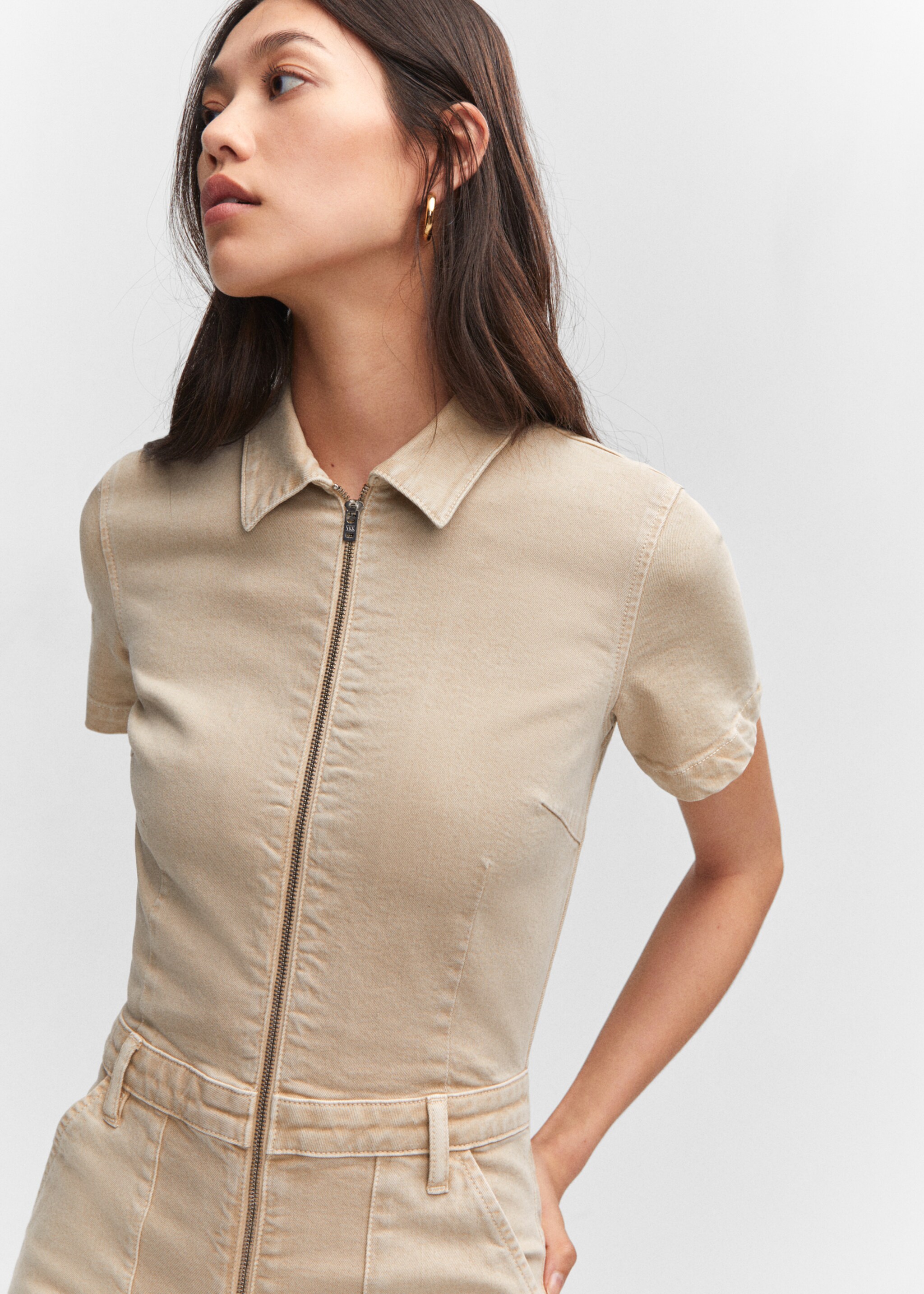 Denim zipper jumpsuit - Details of the article 1, Sand. Ref: 57065965-00.