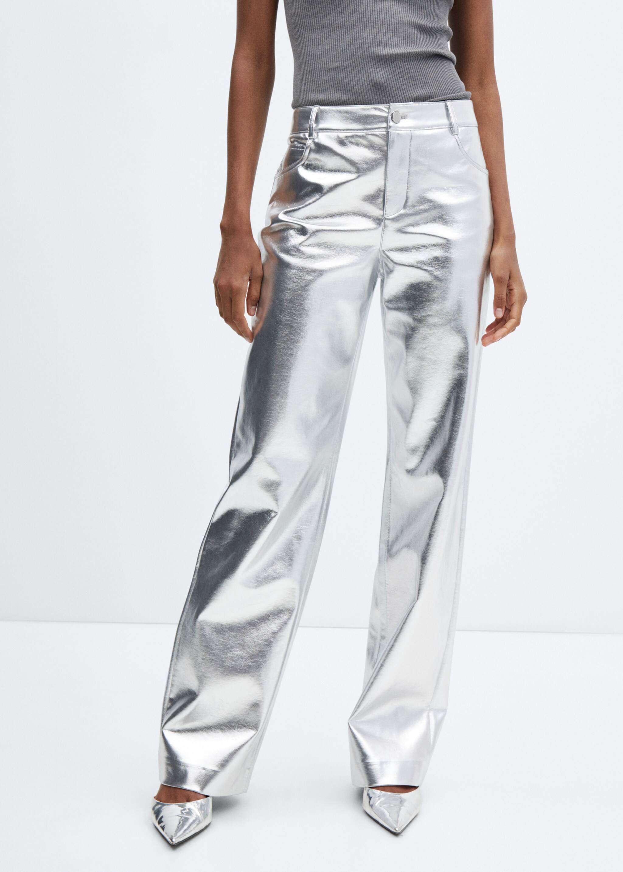 Metallic faux-leather trousers - Medium plane, Silver. Ref: 57066726-00.