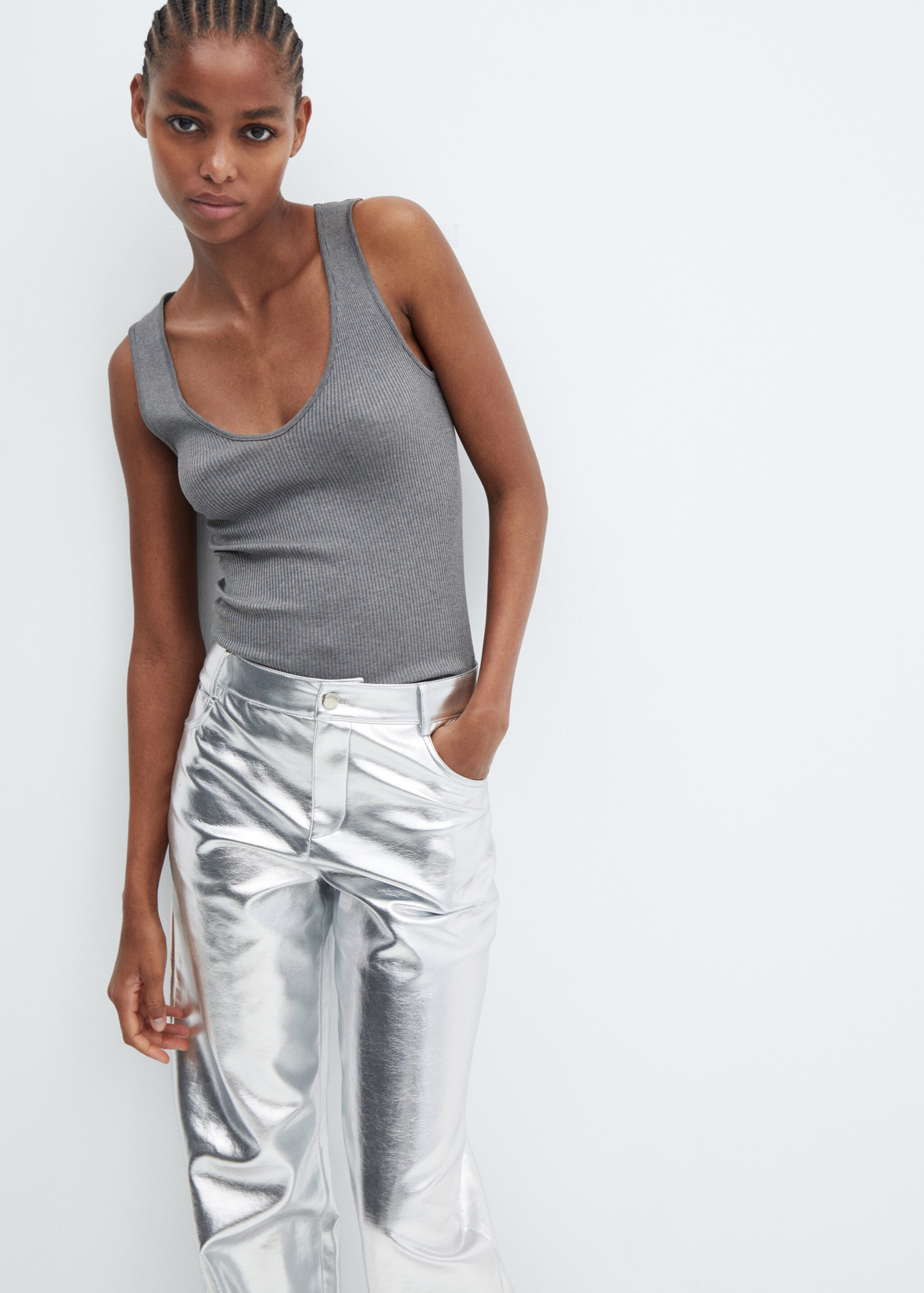 Metallic faux-leather trousers - Details of the article 1, Silver. Ref: 57066726-00.