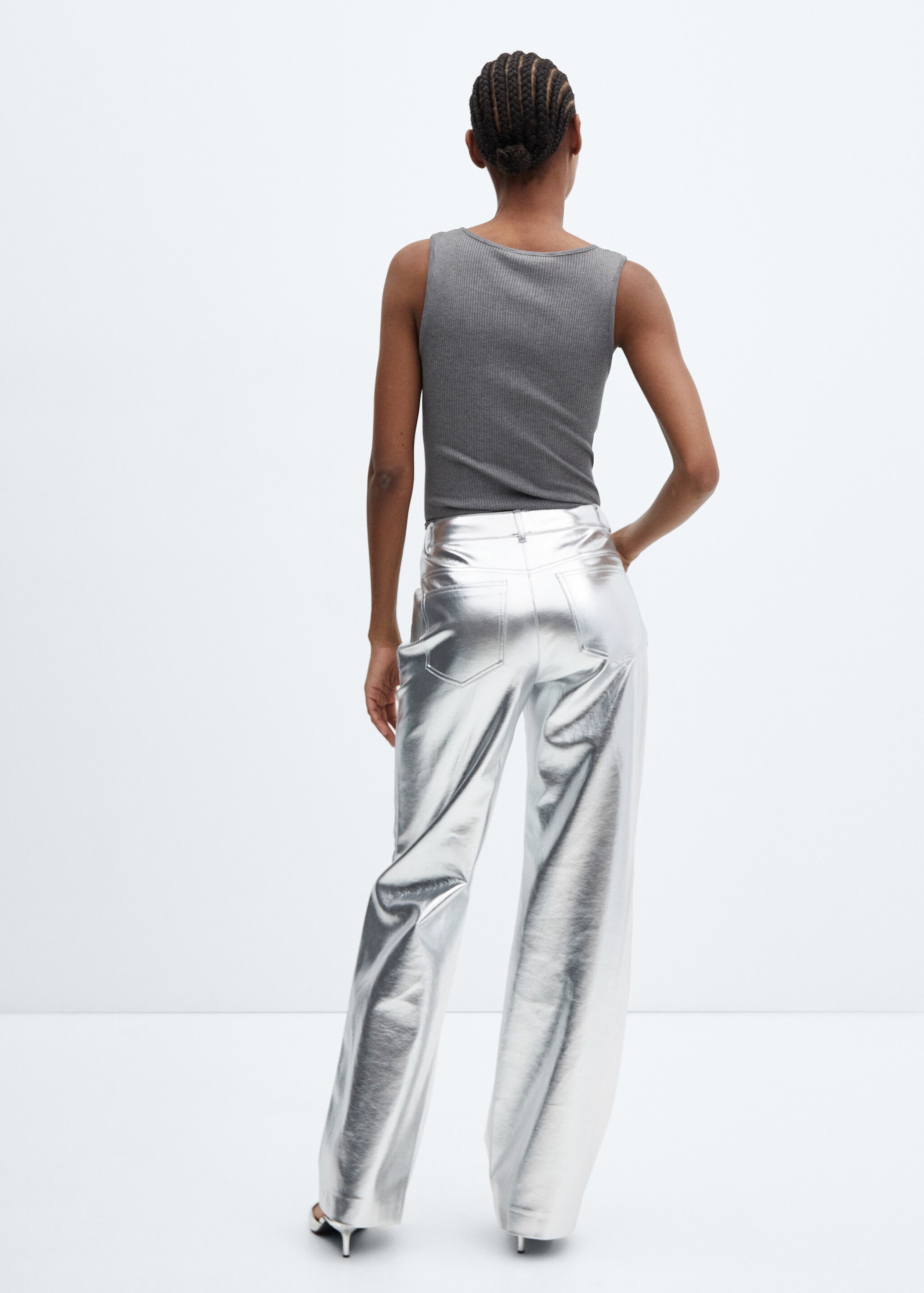 Metallic faux-leather trousers - Reverse of the article, Silver. Ref: 57066726-00.
