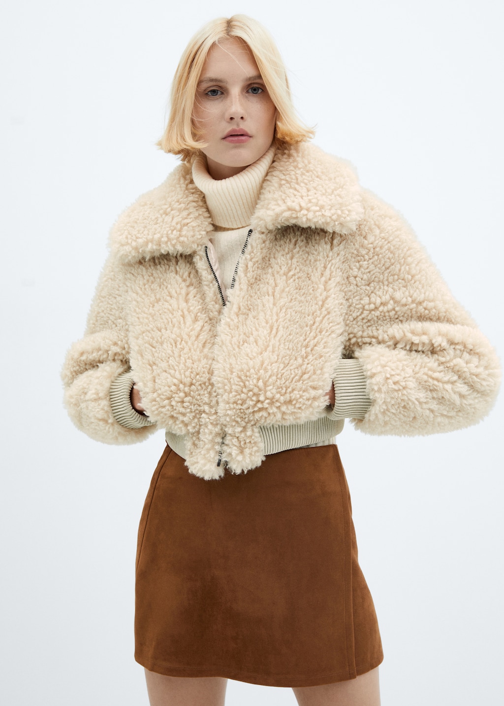 Cream faux teddy fur bomber jacket shop
