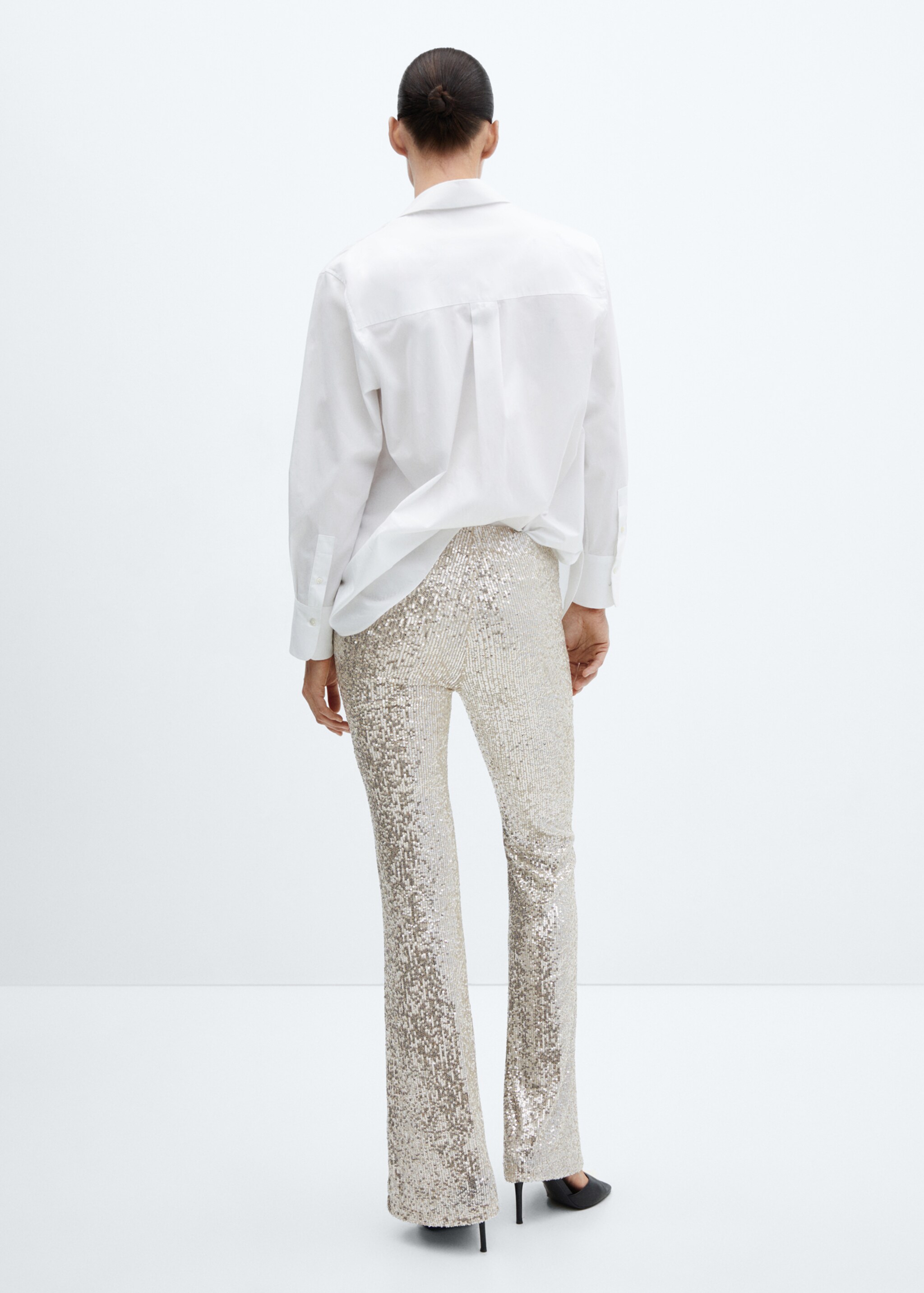 Pantalón flare lentejuelas - Reverso del artículo, Blanco marfil. Ref: 57069102-00.