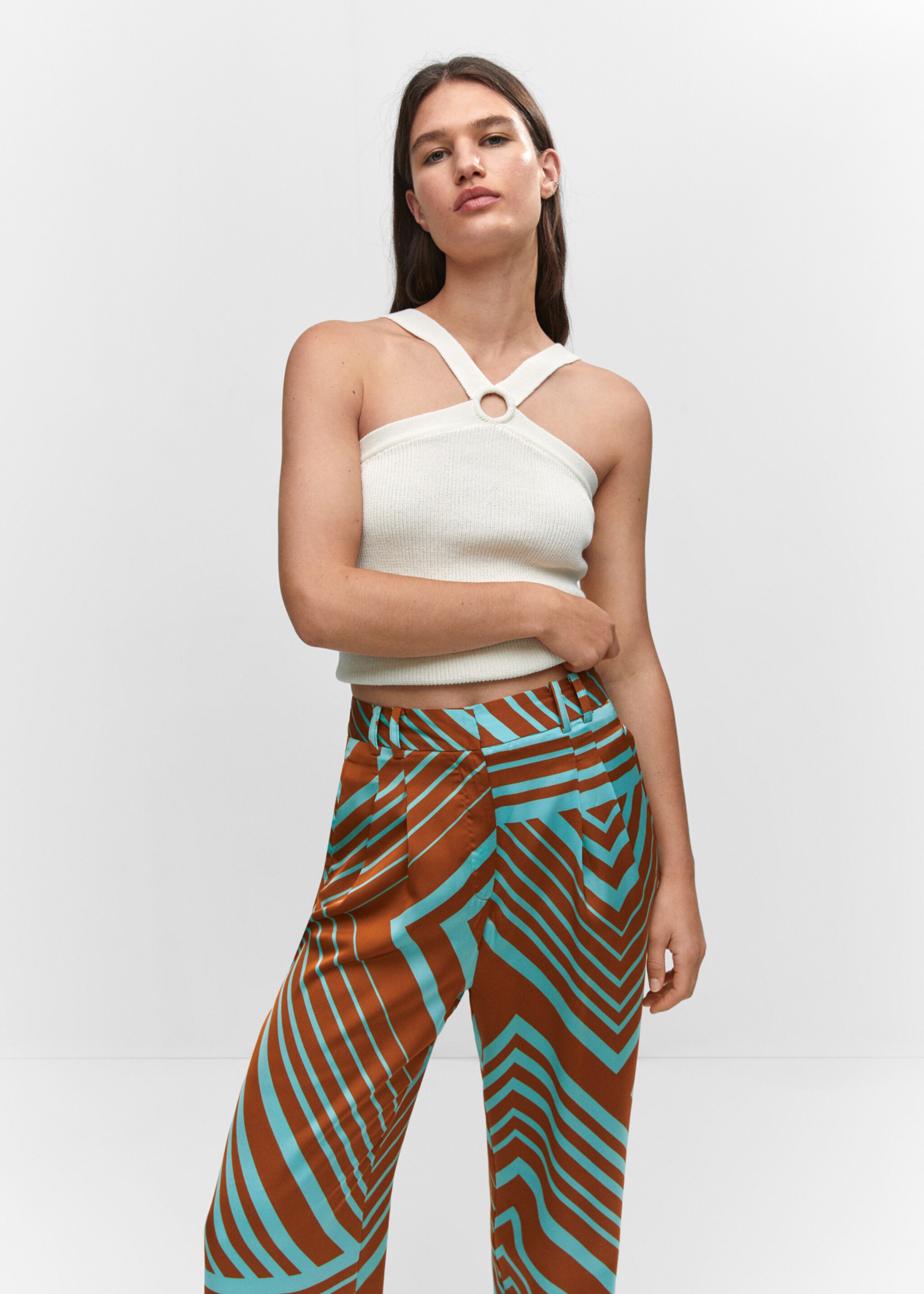 Satin printed trousers - Details of the article 1, Turquoise. Ref: 57072886-00.