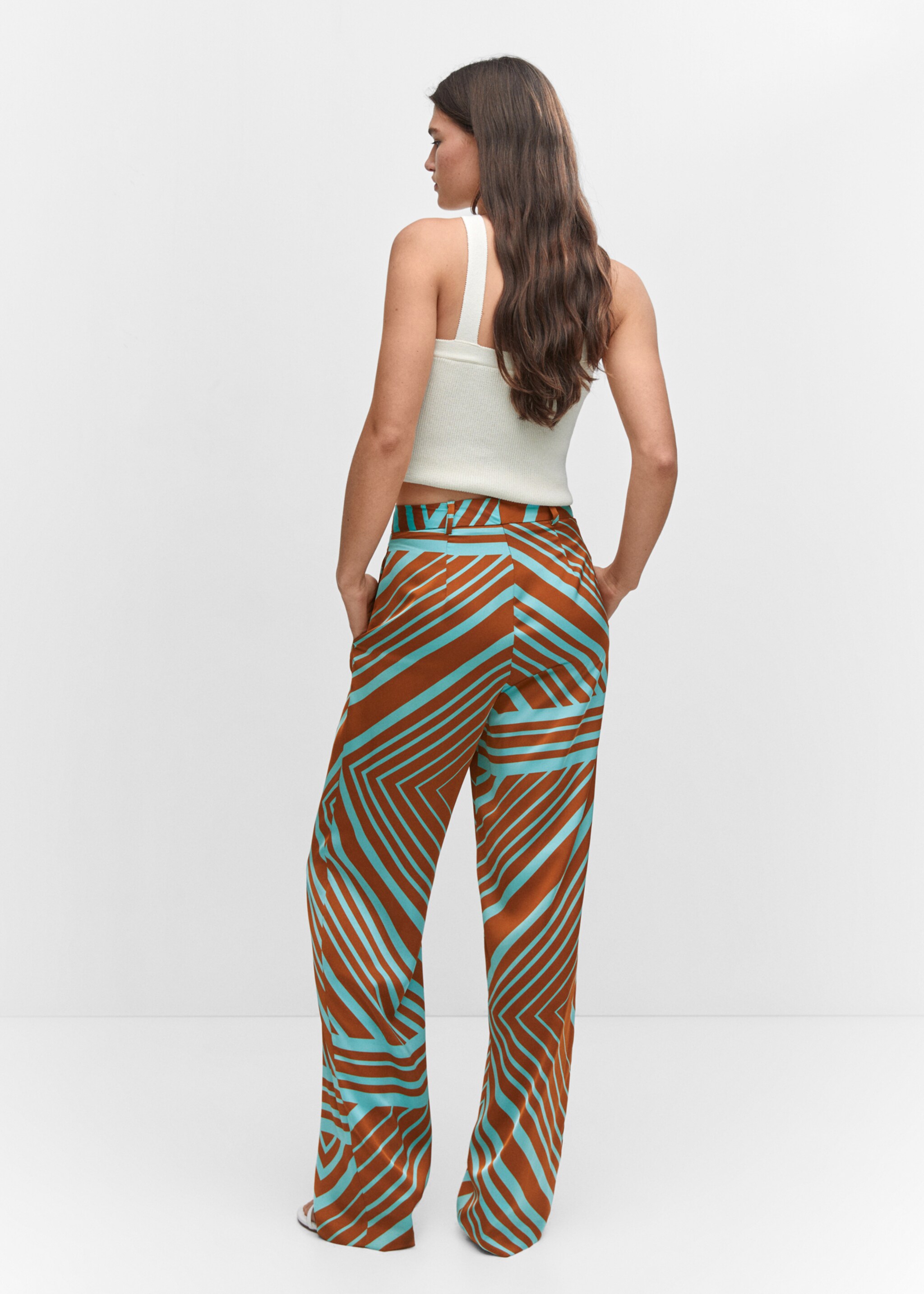 Satin printed trousers - Reverse of the article, Turquoise. Ref: 57072886-00.