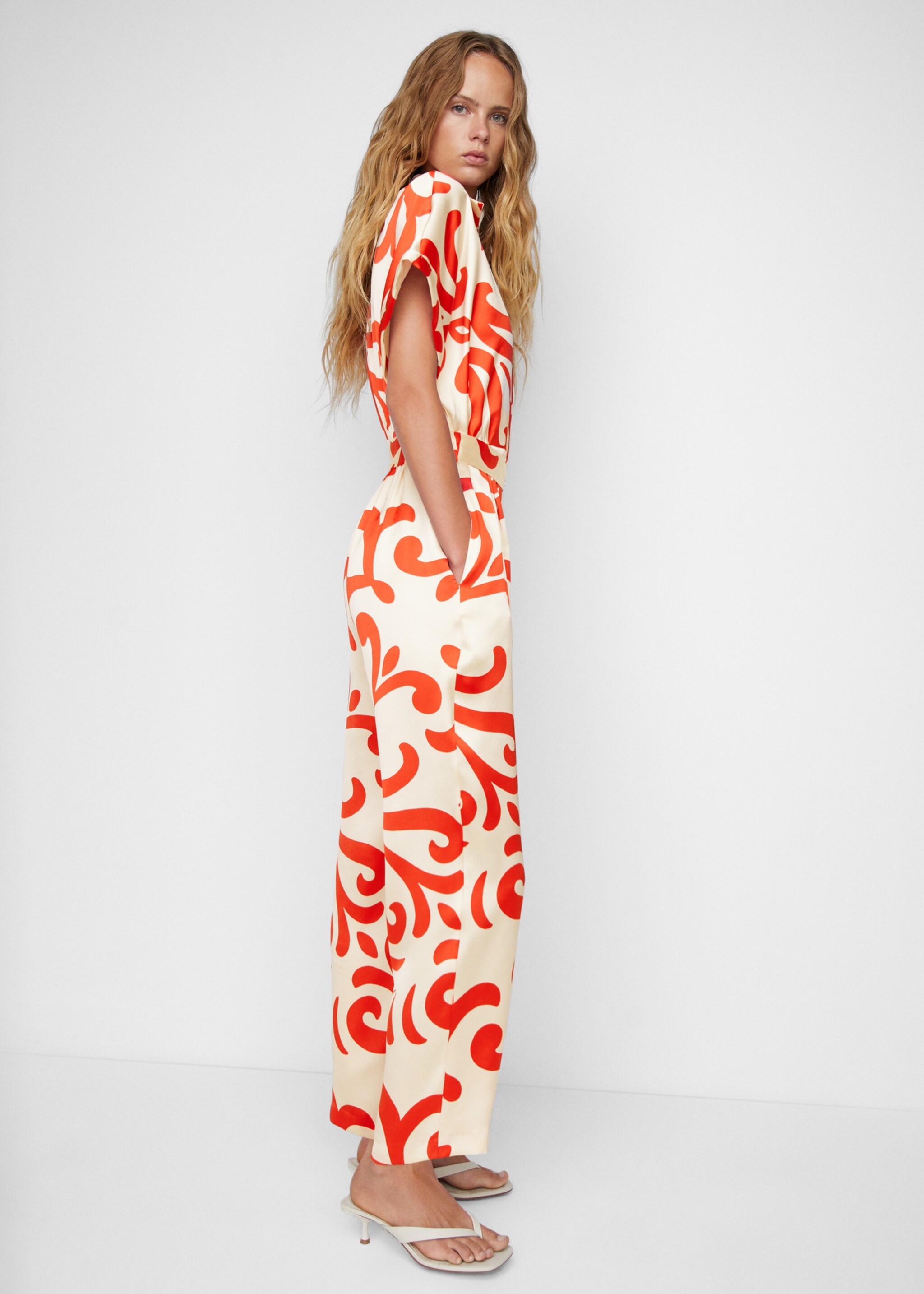 Printed satin jumpsuit - Details of the article 2, Off White. Ref: 57073822-00.