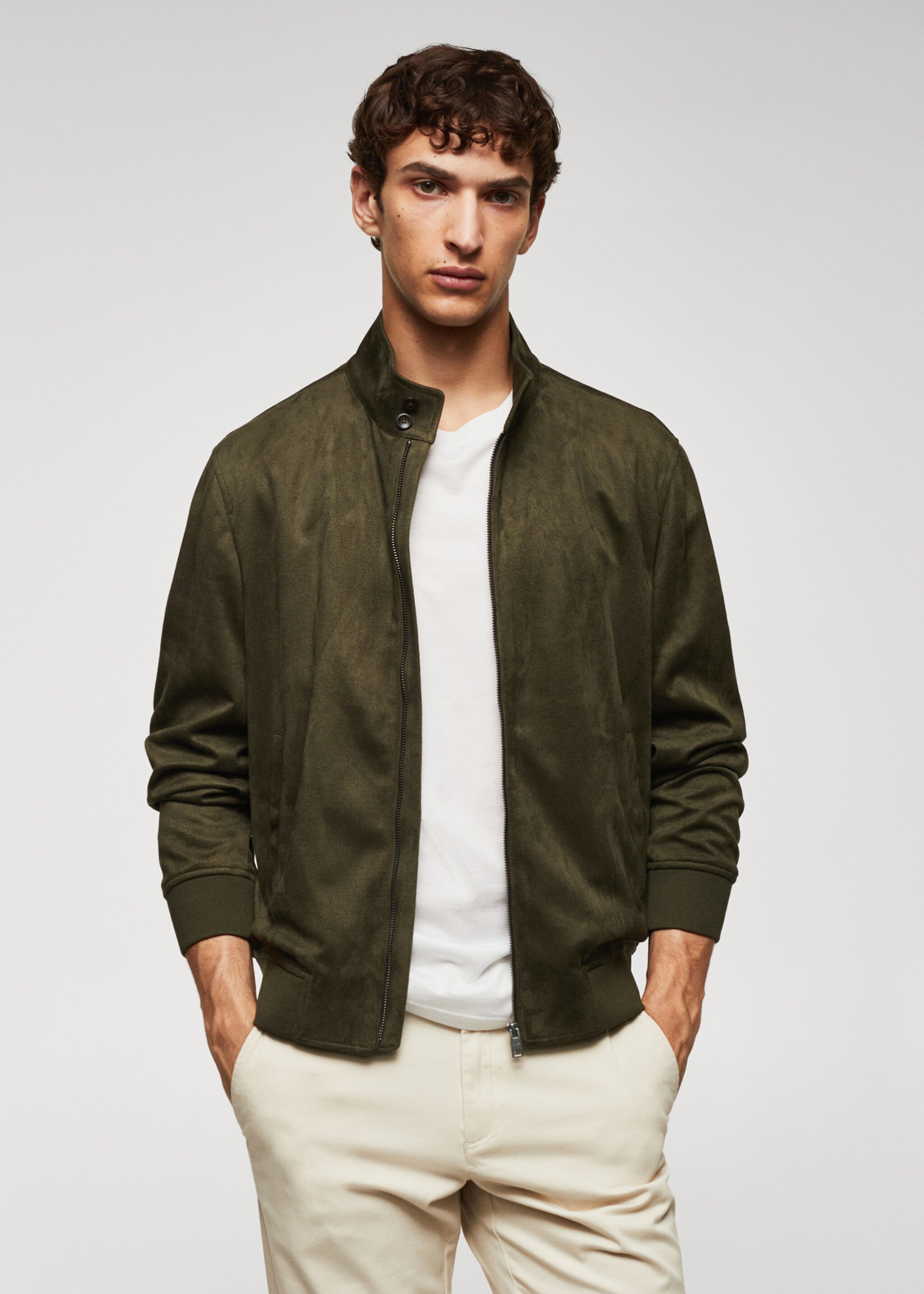Suede-effect bomber jacket - Medium plane, Khaki. Ref: 57084384-00.