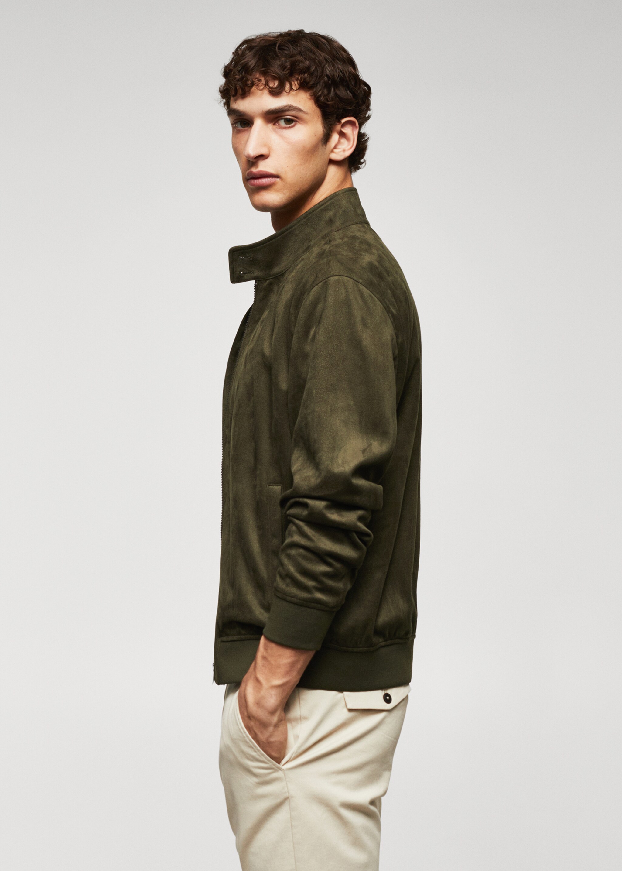 Suede-effect bomber jacket - Details of the article 2, Khaki. Ref: 57084384-00.