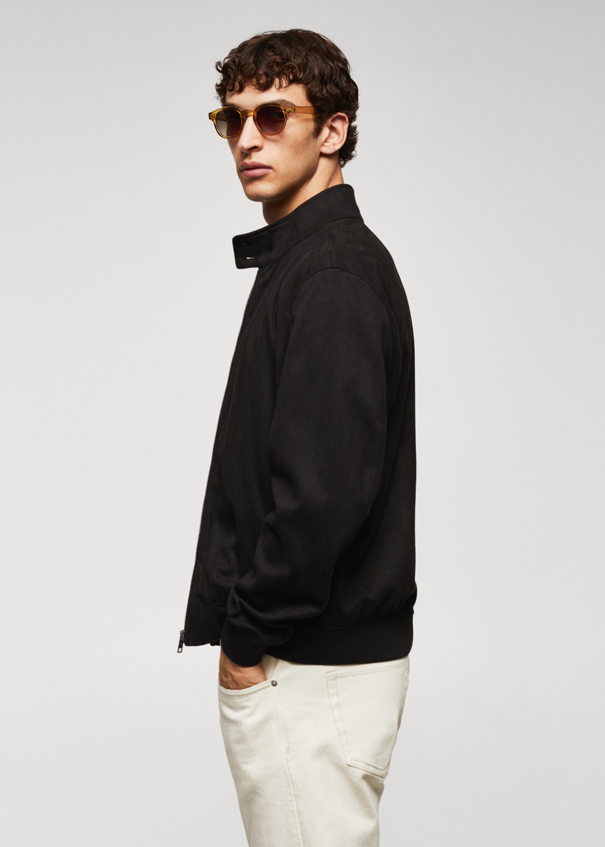 Suede-effect bomber jacket - Details of the article 2, Black. Ref: 57084384-00.