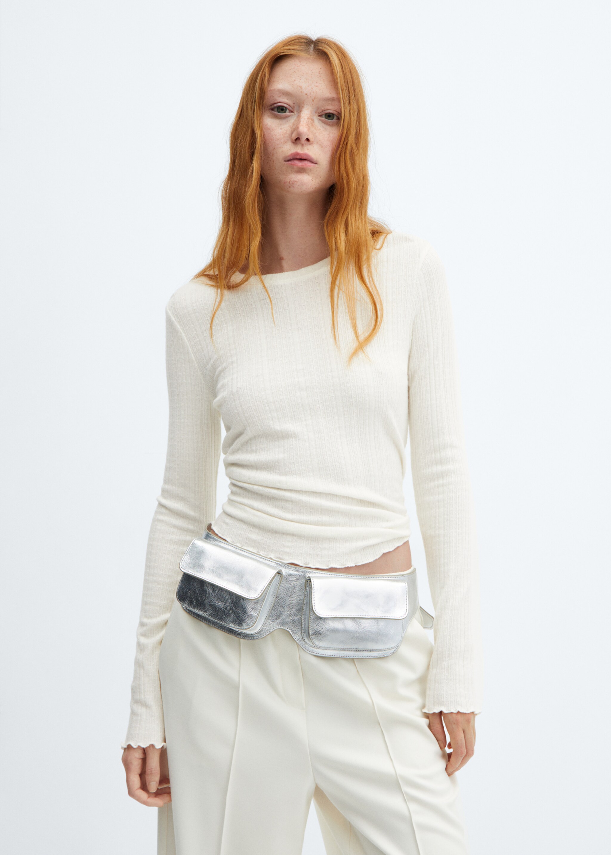 Long-sleeved knitted t-shirt - Medium plane, White. Ref: 57098266-00.