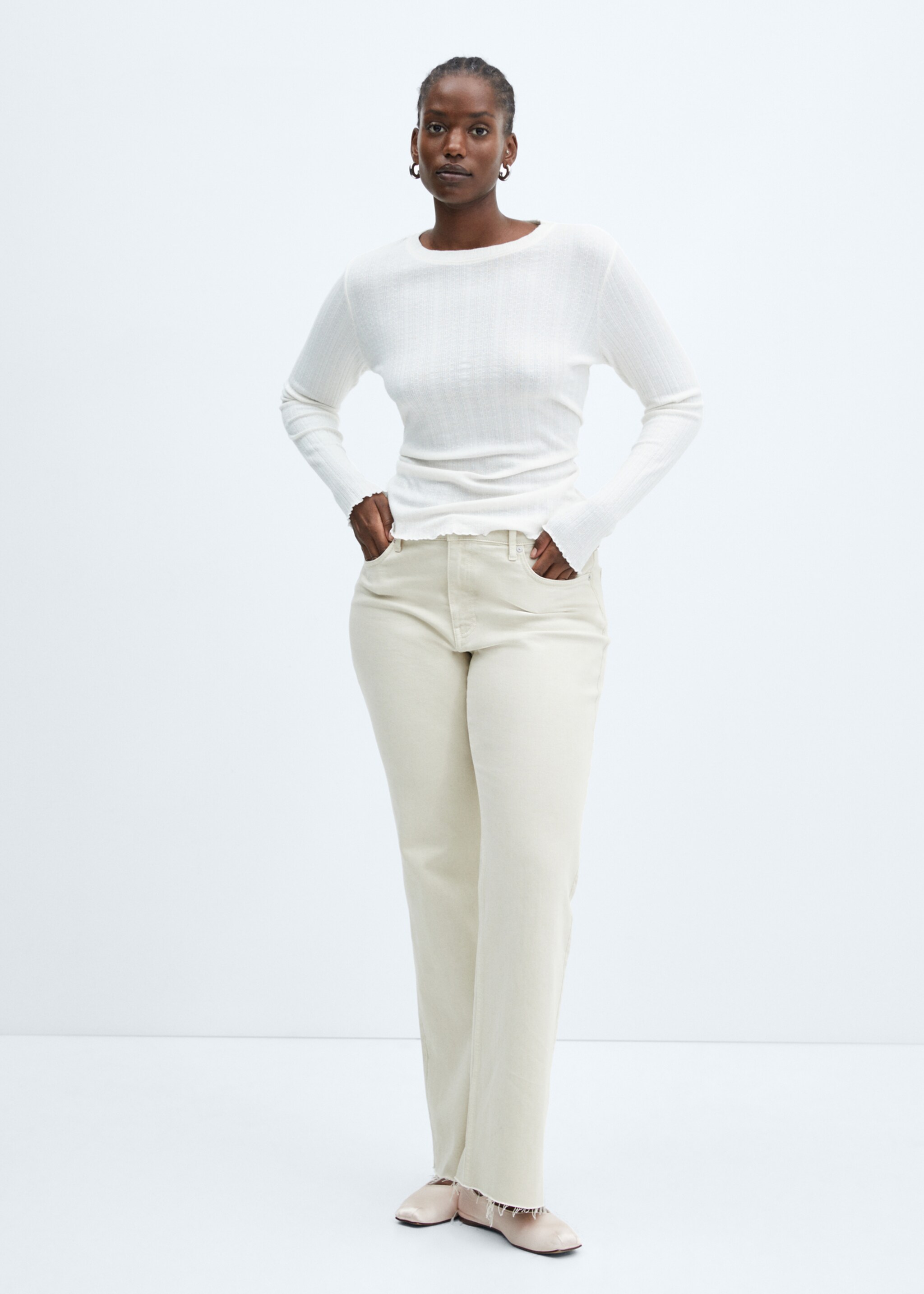 Long-sleeved knitted t-shirt - Details of the article 3, White. Ref: 57098266-00.