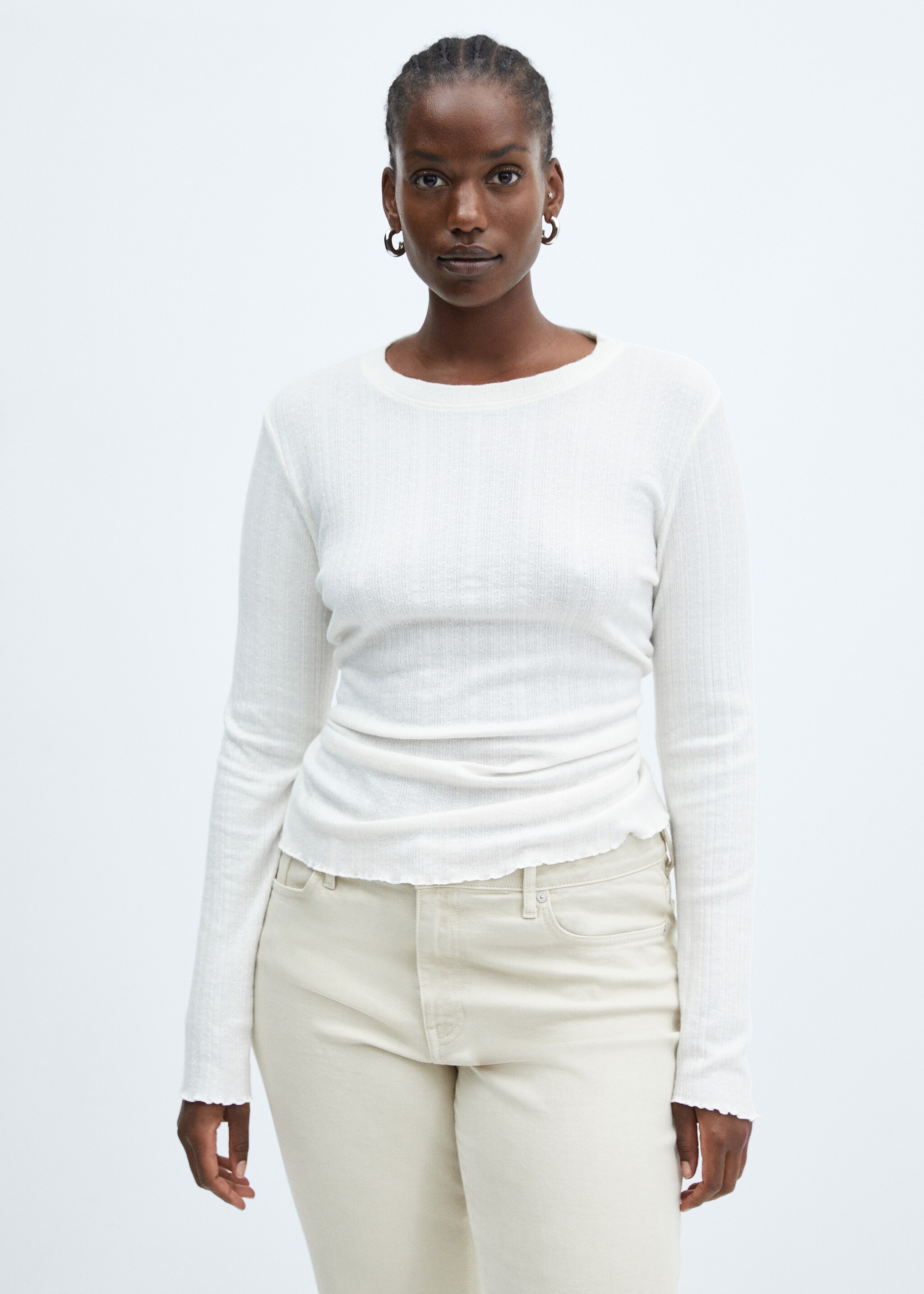 Long-sleeved knitted t-shirt - Details of the article 5, White. Ref: 57098266-00.