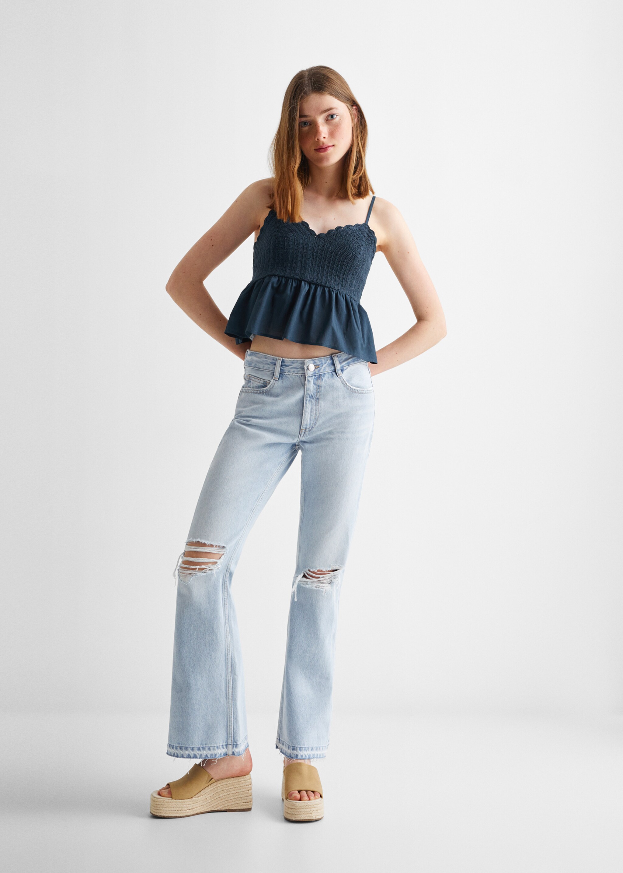 Flared jeans with decorative rips - General plane, Light Blue. Ref: 57003261-00.