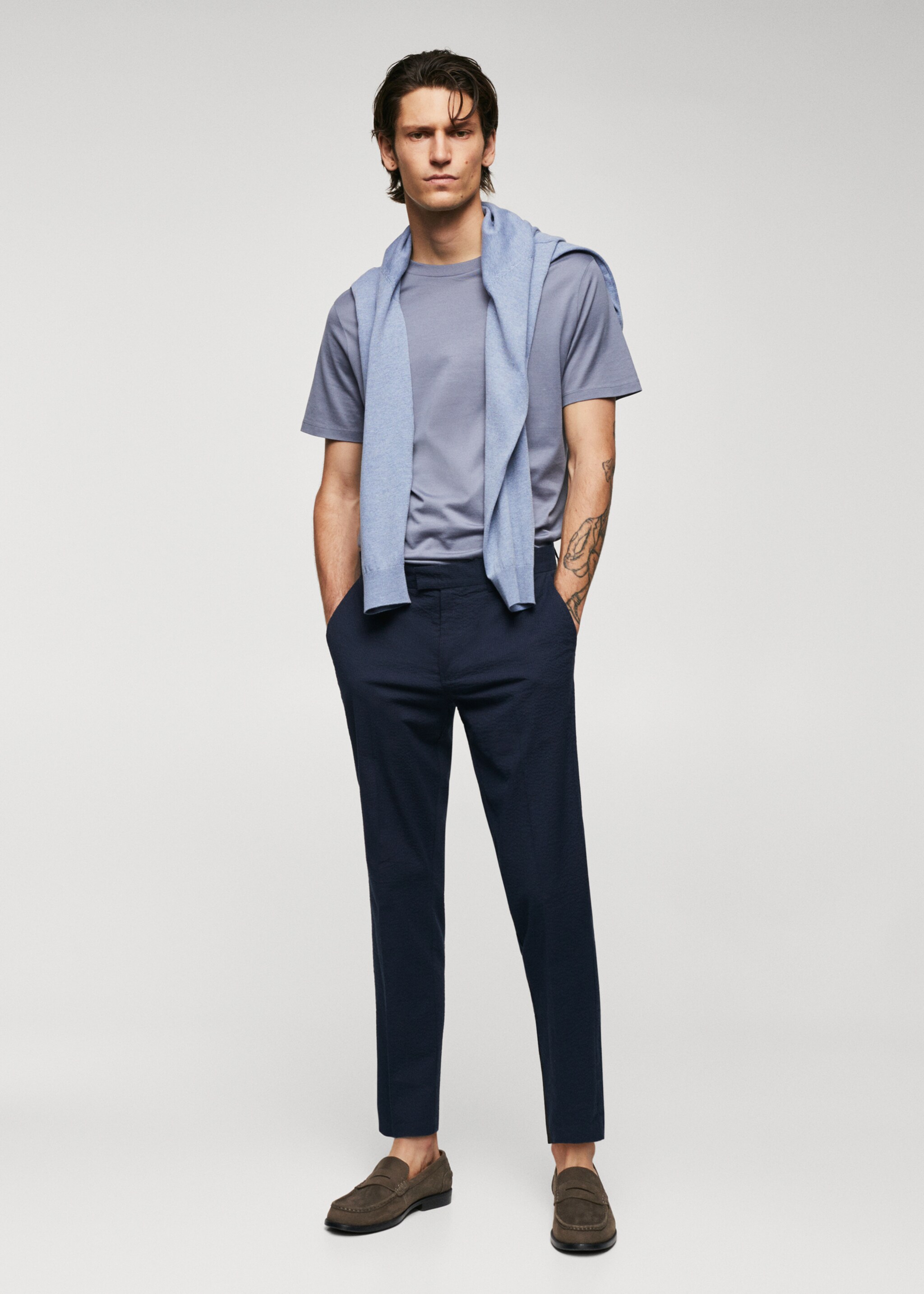 Slim-fit seersucker stretch trousers - General plane, Navy. Ref: 57022507-00.