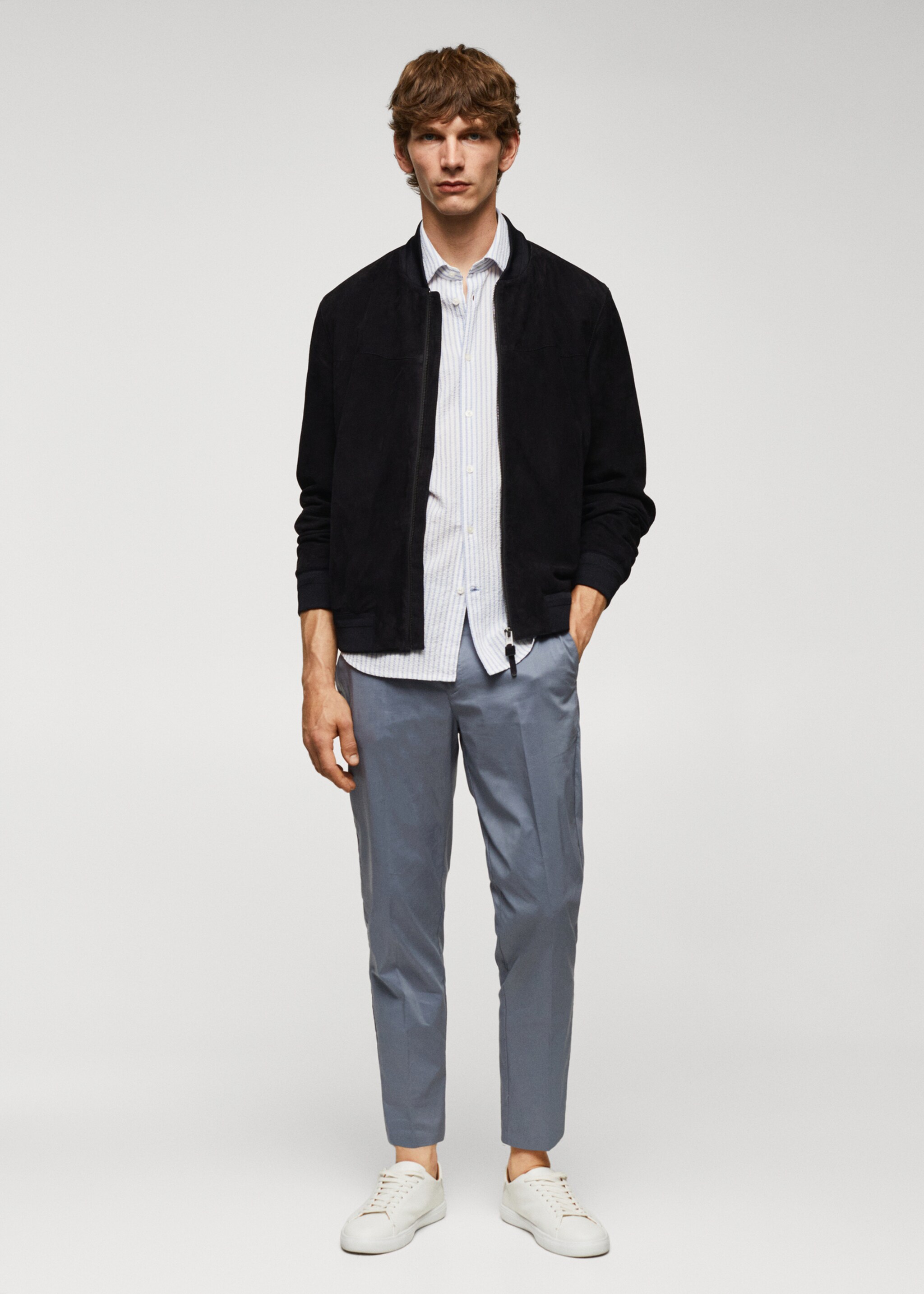 Leather bomber jacket - General plane, Indigo Blue. Ref: 57032505-00.