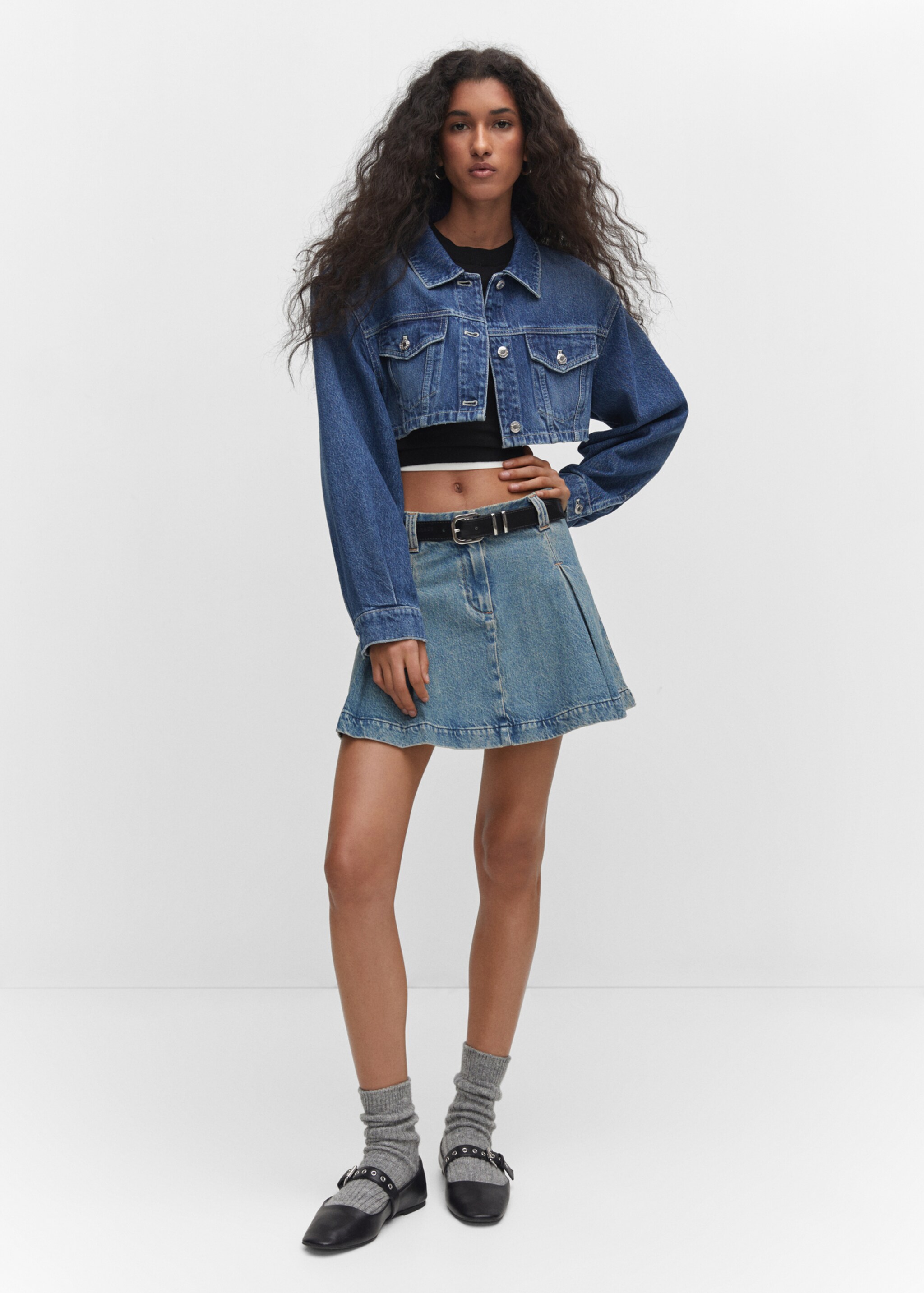 Pleated denim mini-skirt - General plane, Medium Vintage Blue. Ref: 57033804-00.