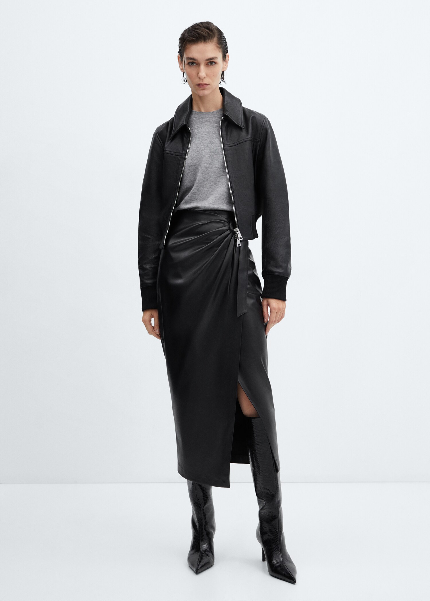 Draped leather-effect midi-skirt - General plane