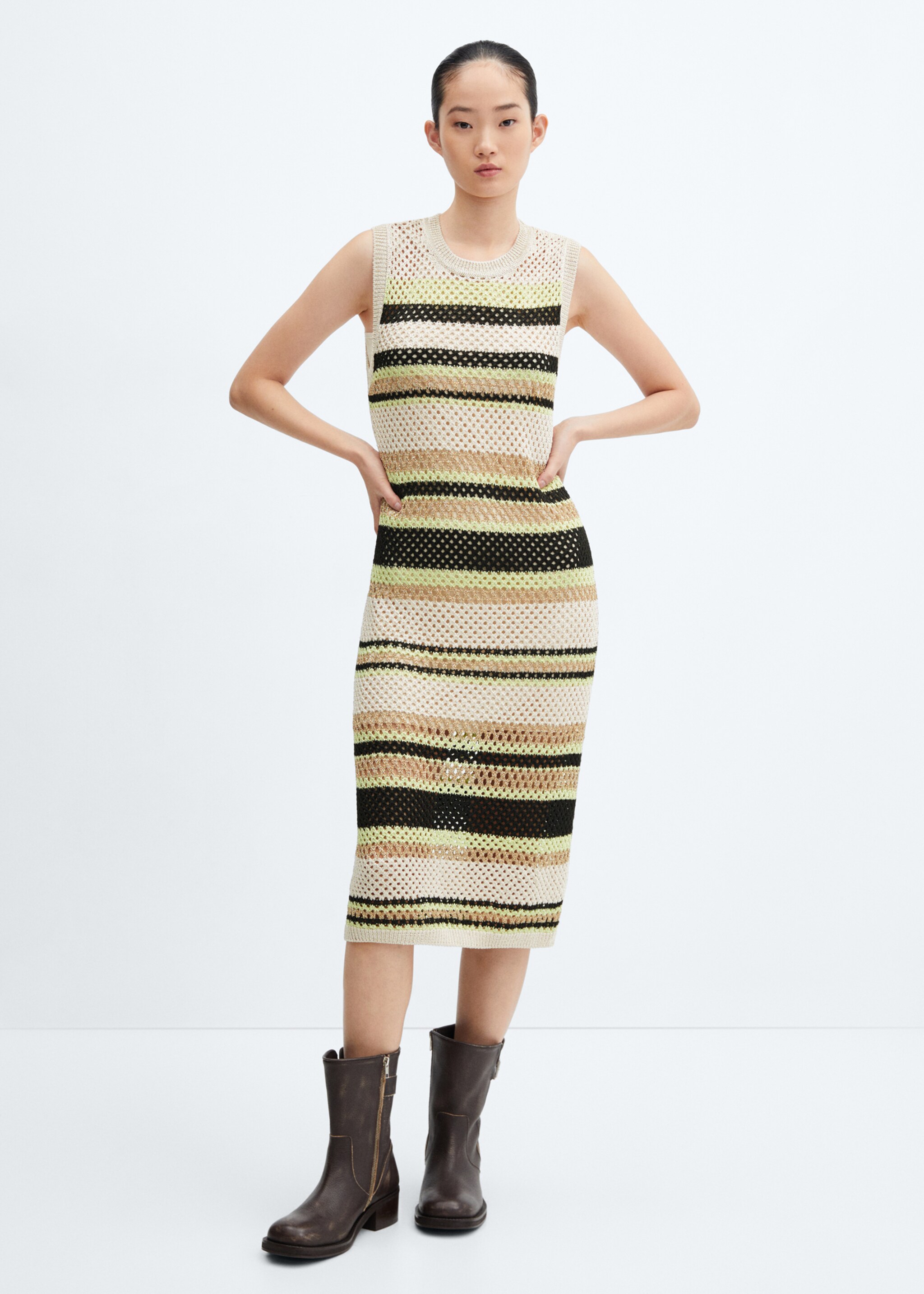 Φόρεμα πλεκτό αζούρ λεπτομέρειες - Γενικό πλάνο, Πράσινο. Ref: 57039121-00.