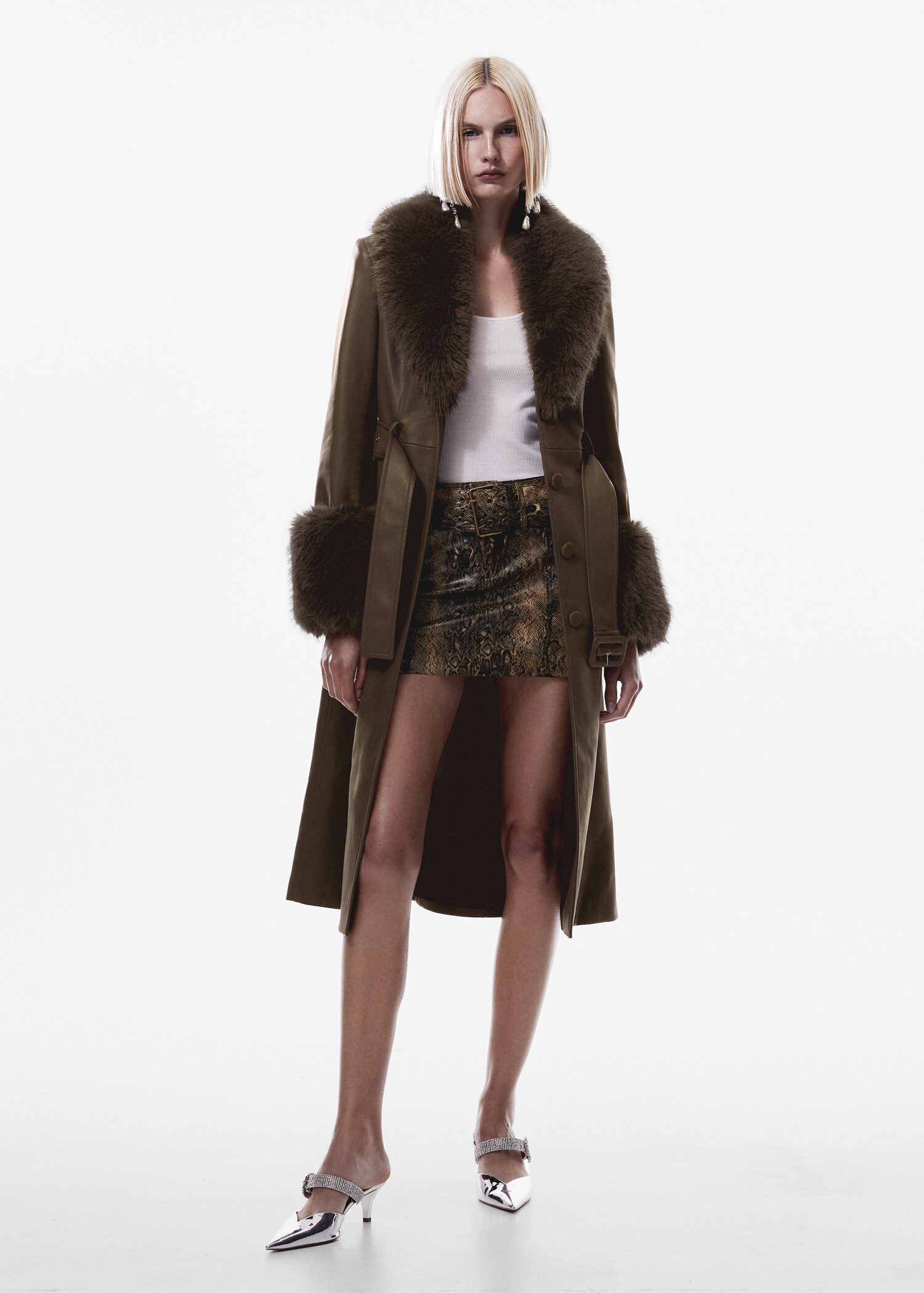 Leather-effect coat with fur-effect trim - General plane