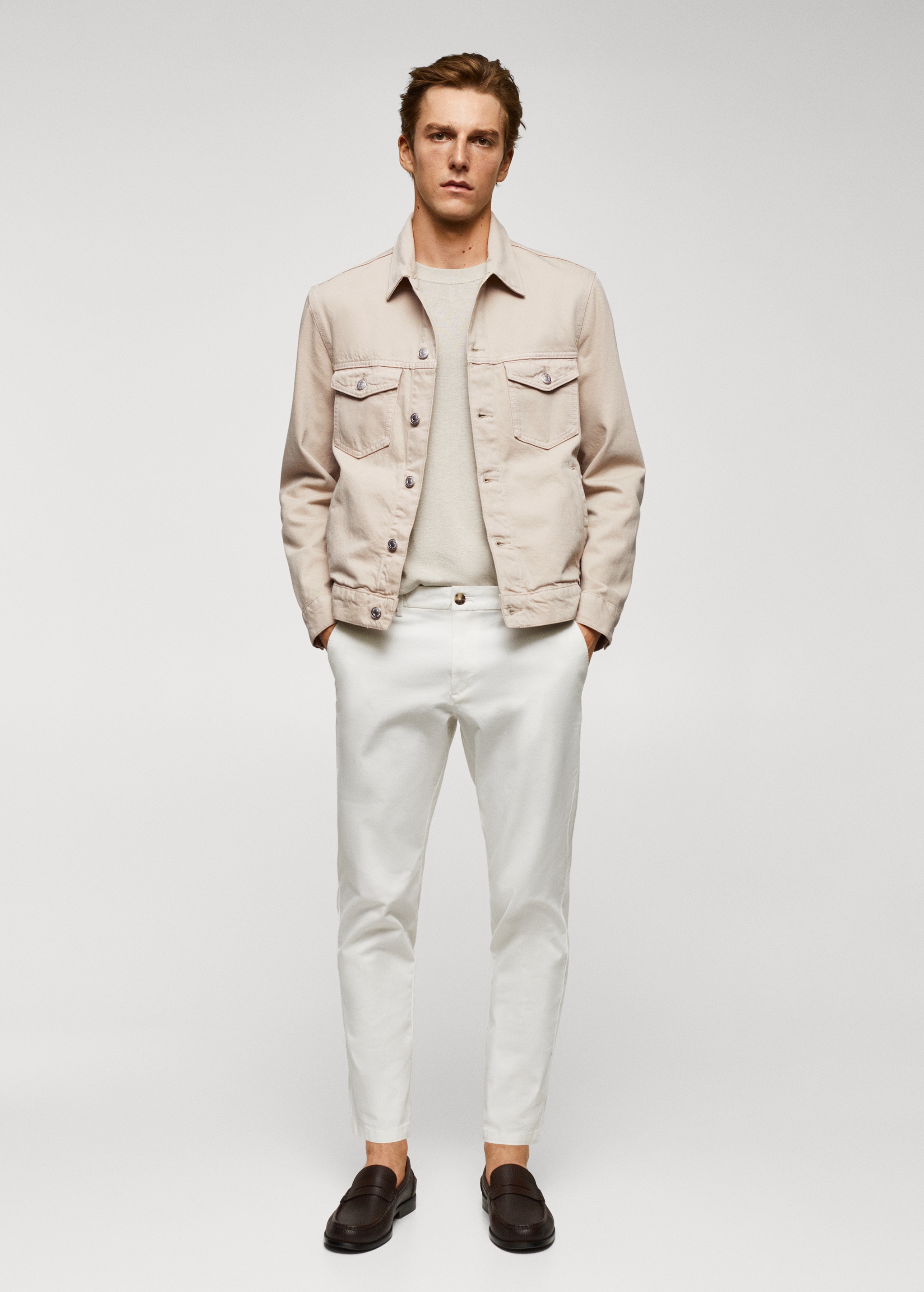 Outfit Herren Jeansjacke Beige Lederjacke Kombinieren