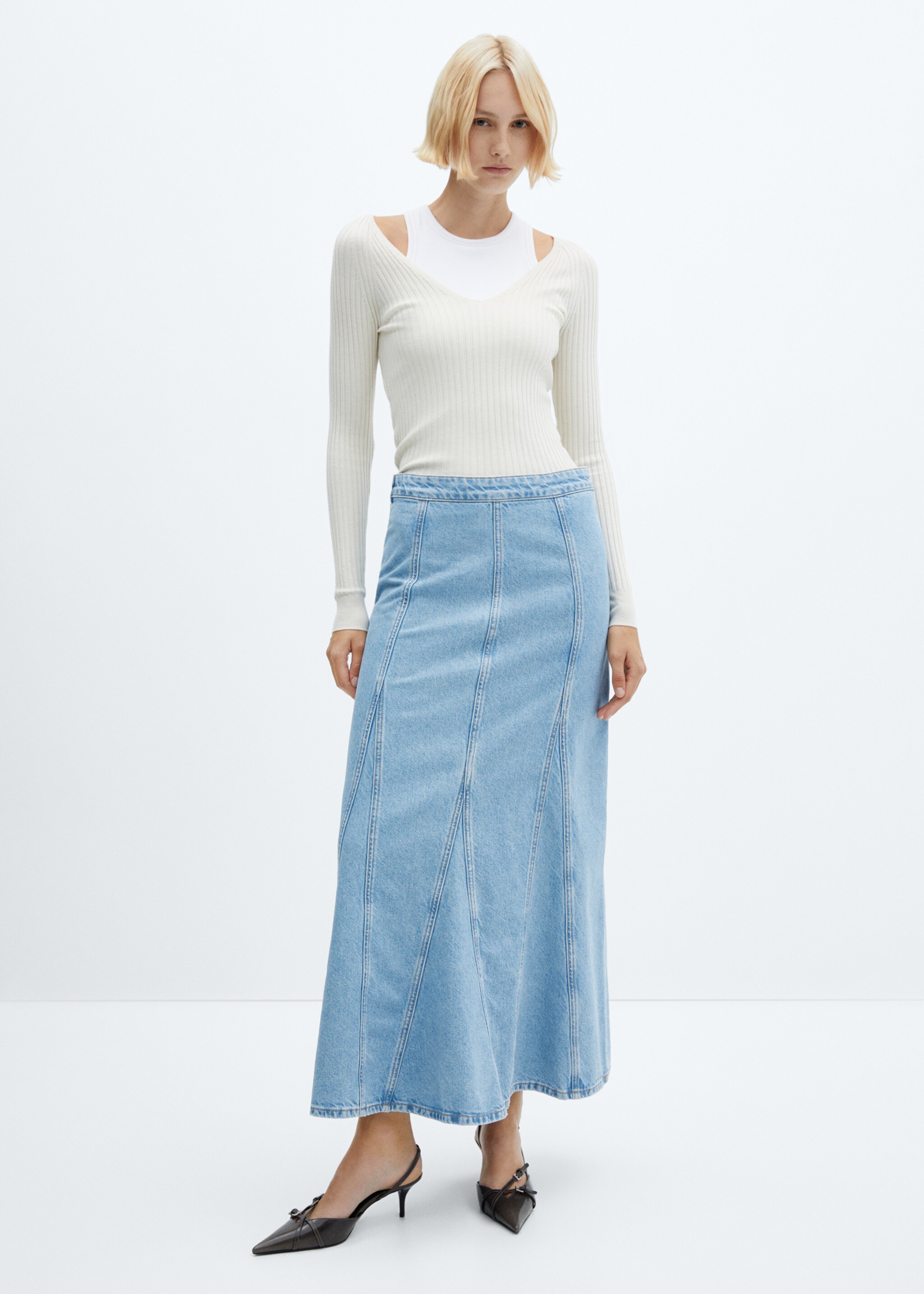 Long denim skirt with seams - General plane, Light Blue. Ref: 57062896-00.