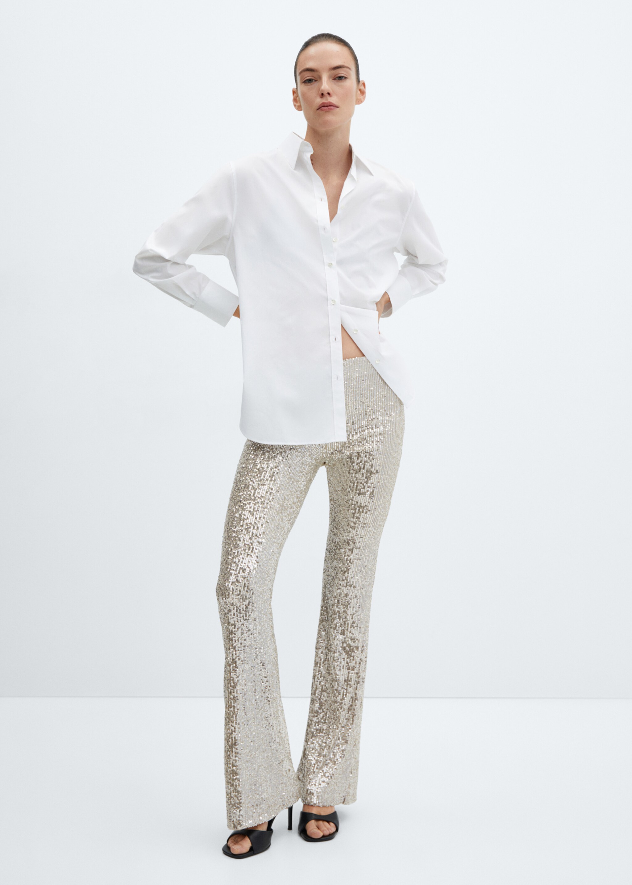 Pantalón flare lentejuelas - Plano general, Blanco marfil. Ref: 57069102-00.