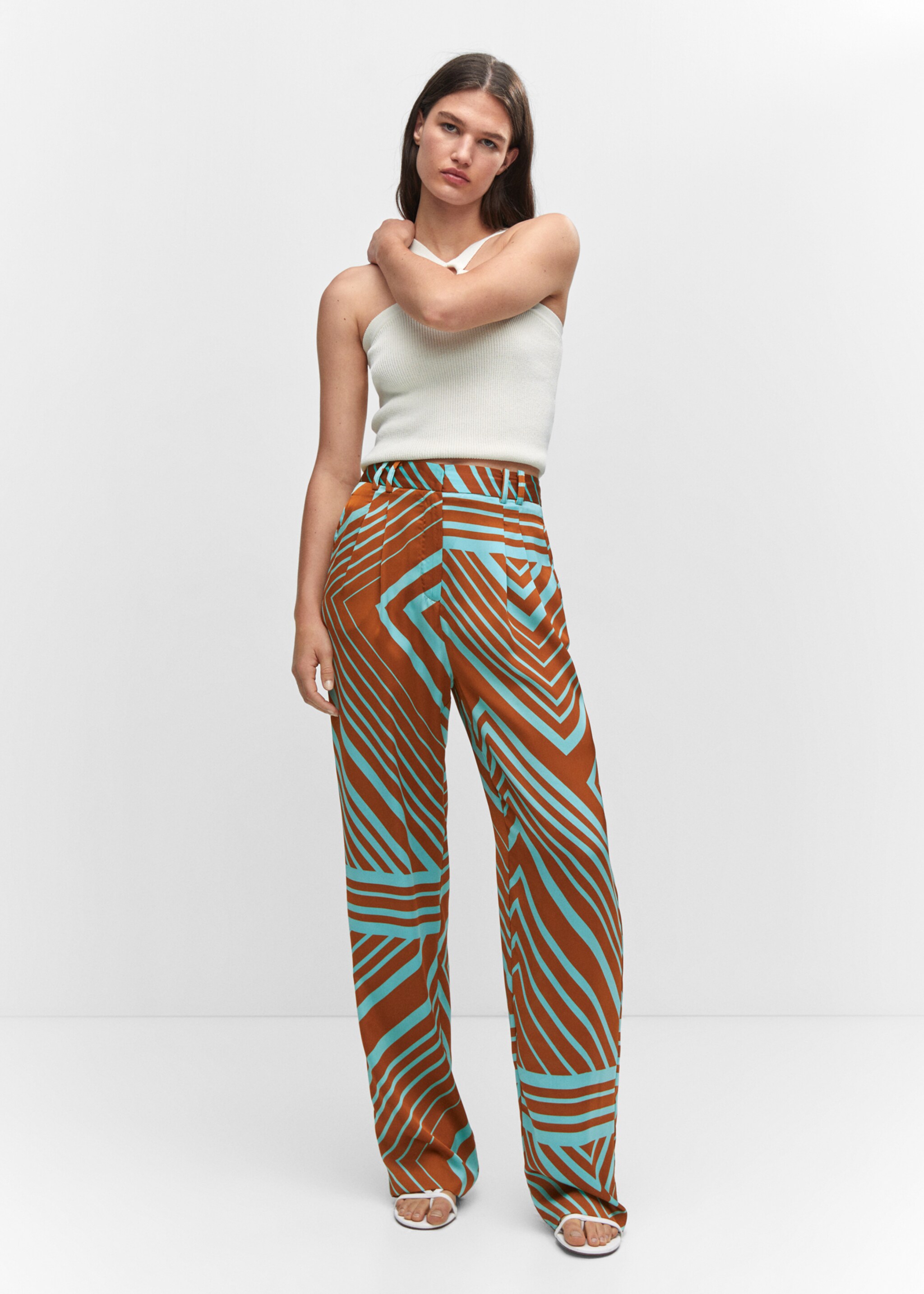 Satin printed trousers - General plane, Turquoise. Ref: 57072886-00.
