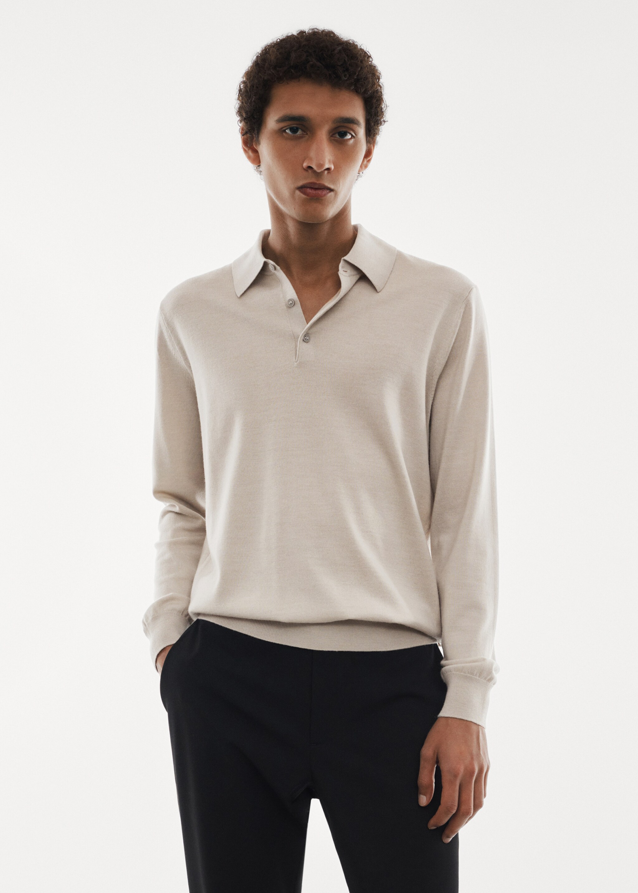 100% merino wool long-sleeved polo shirt - Medium plane, Light/Pastel Grey. Ref: 67000659-00.