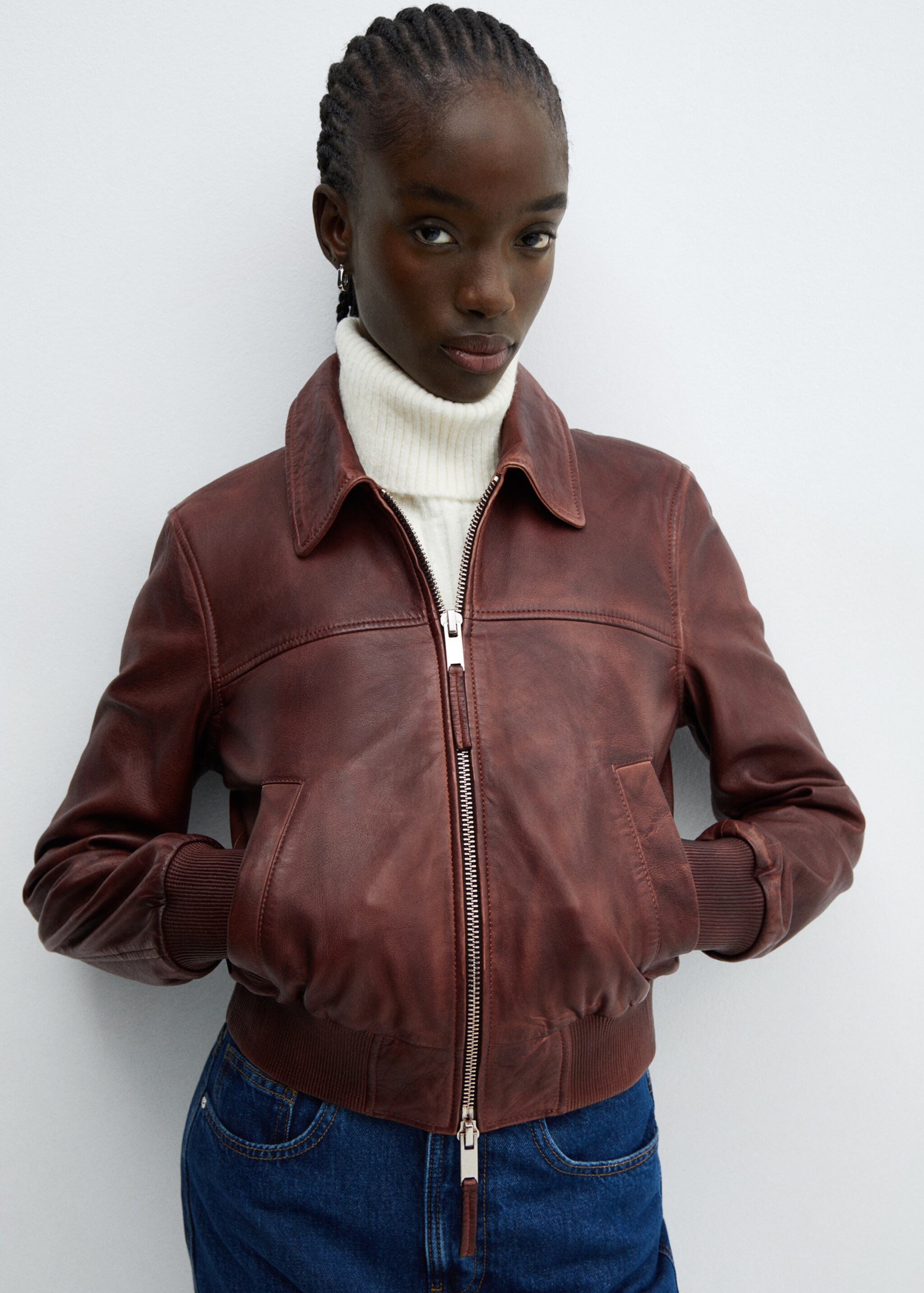 100% leather jacket - Medium plane, Brown. Ref: 67001508-00.