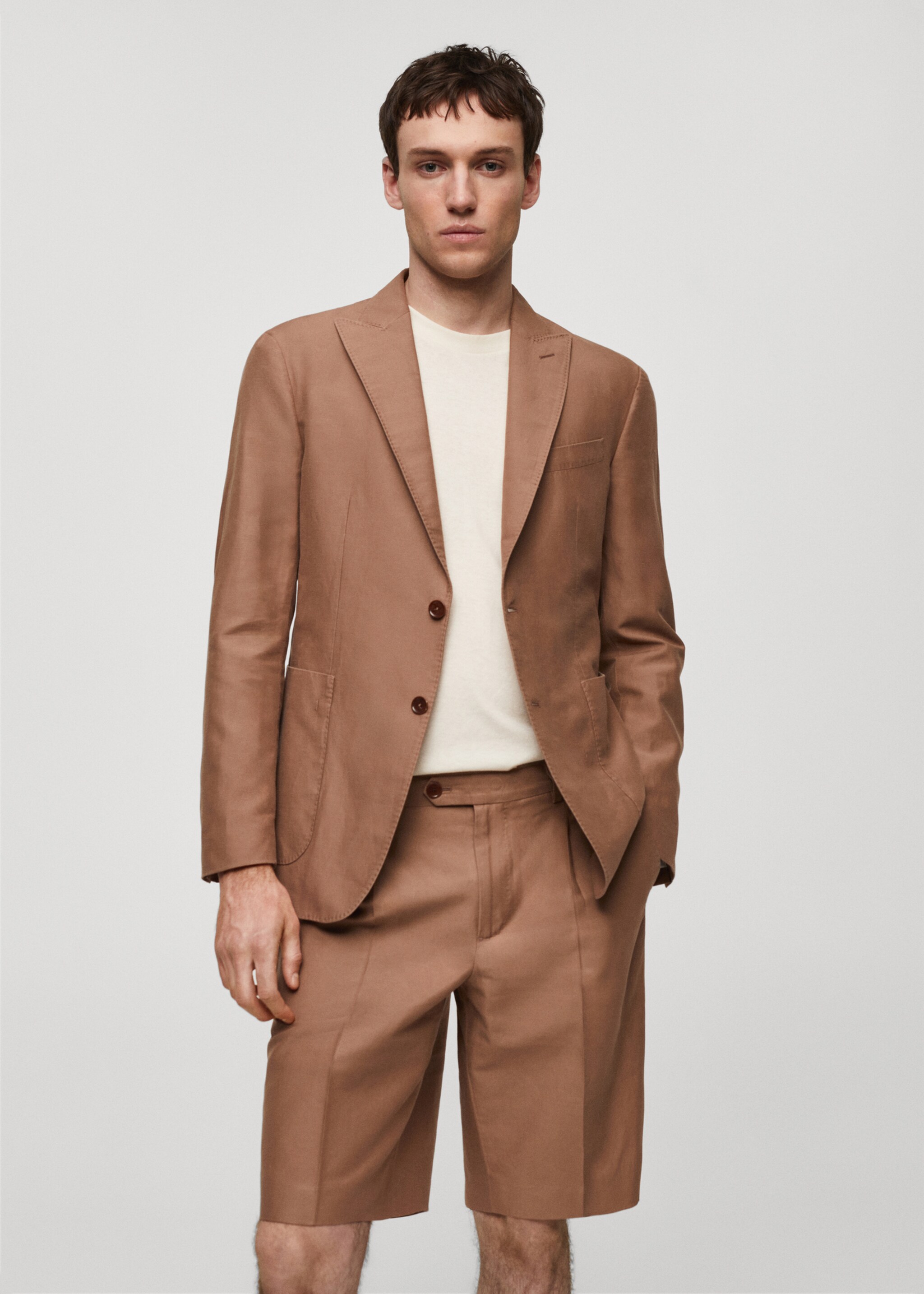 Marynarka garniturowa slim fit z mieszanki bawełny i lnu - Plan średni, Intensywny pomarańczowy. Ref: 67008271-00.