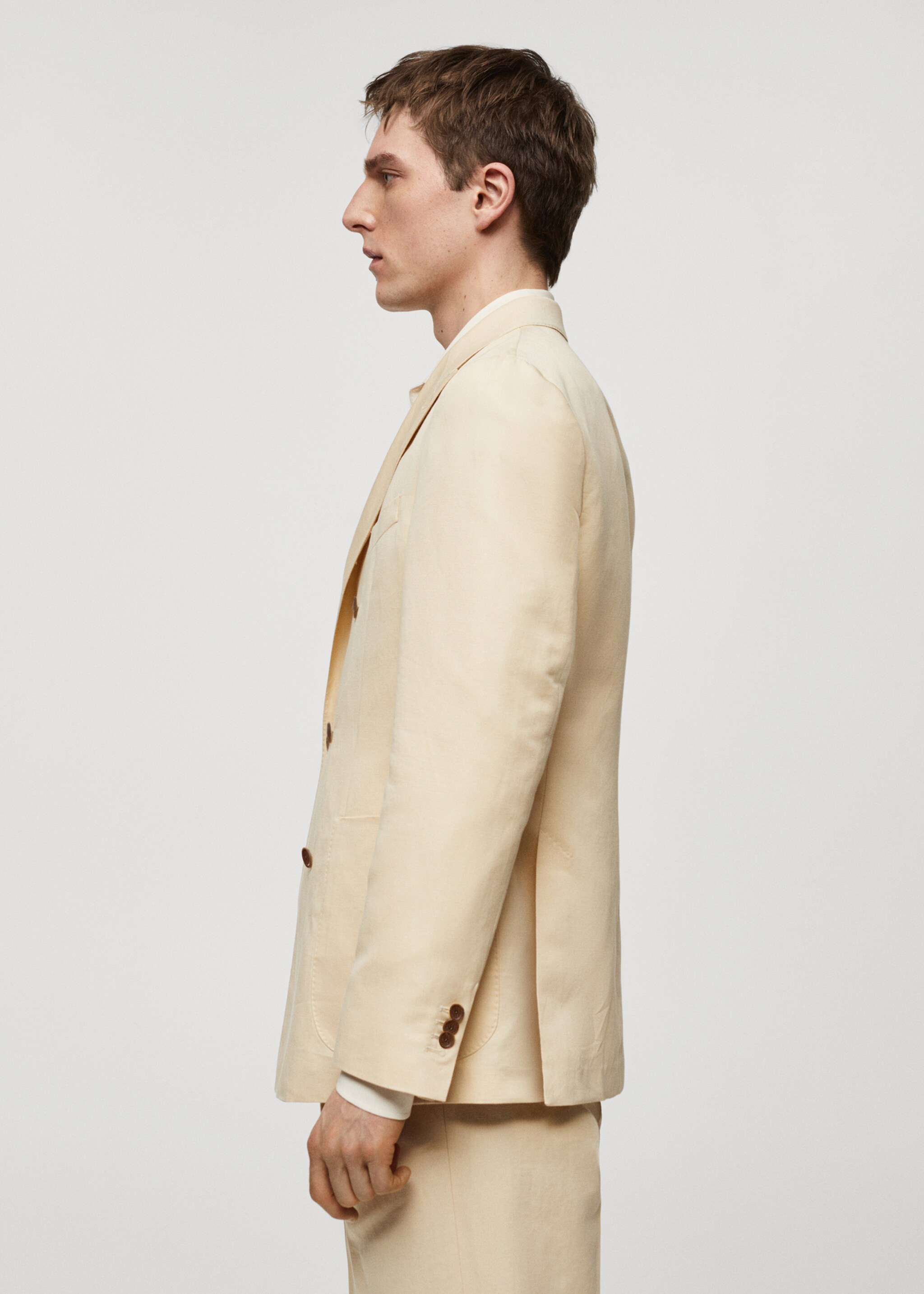 Cotton-linen double-breasted suit jacket - Details of the article 2, Pastel Yellow. Ref: 67008272-00.