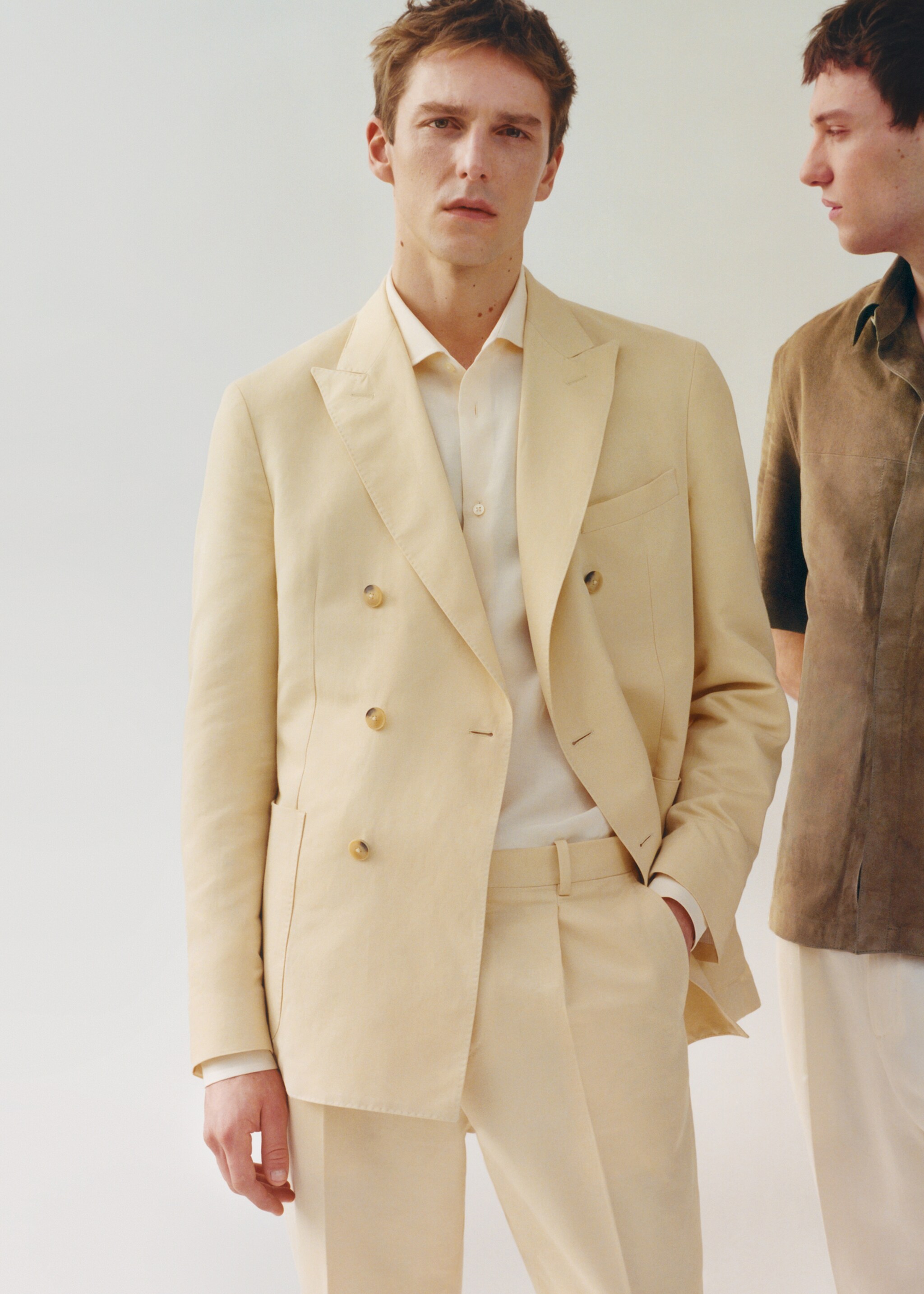 Cotton-linen double-breasted suit jacket - Details of the article 3, Pastel Yellow. Ref: 67008272-00.
