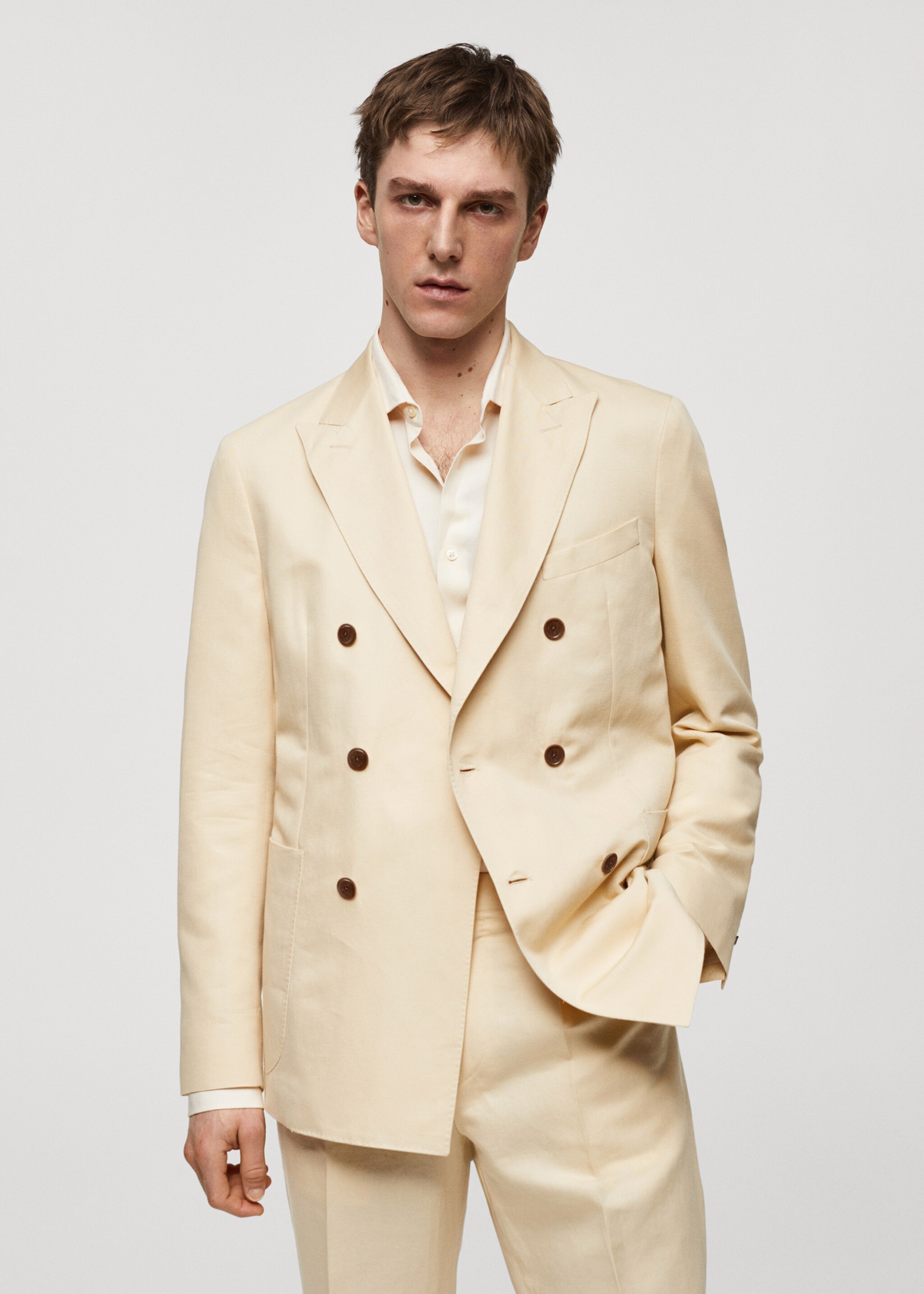 Cotton-linen double-breasted suit jacket - Details of the article 4, Pastel Yellow. Ref: 67008272-00.