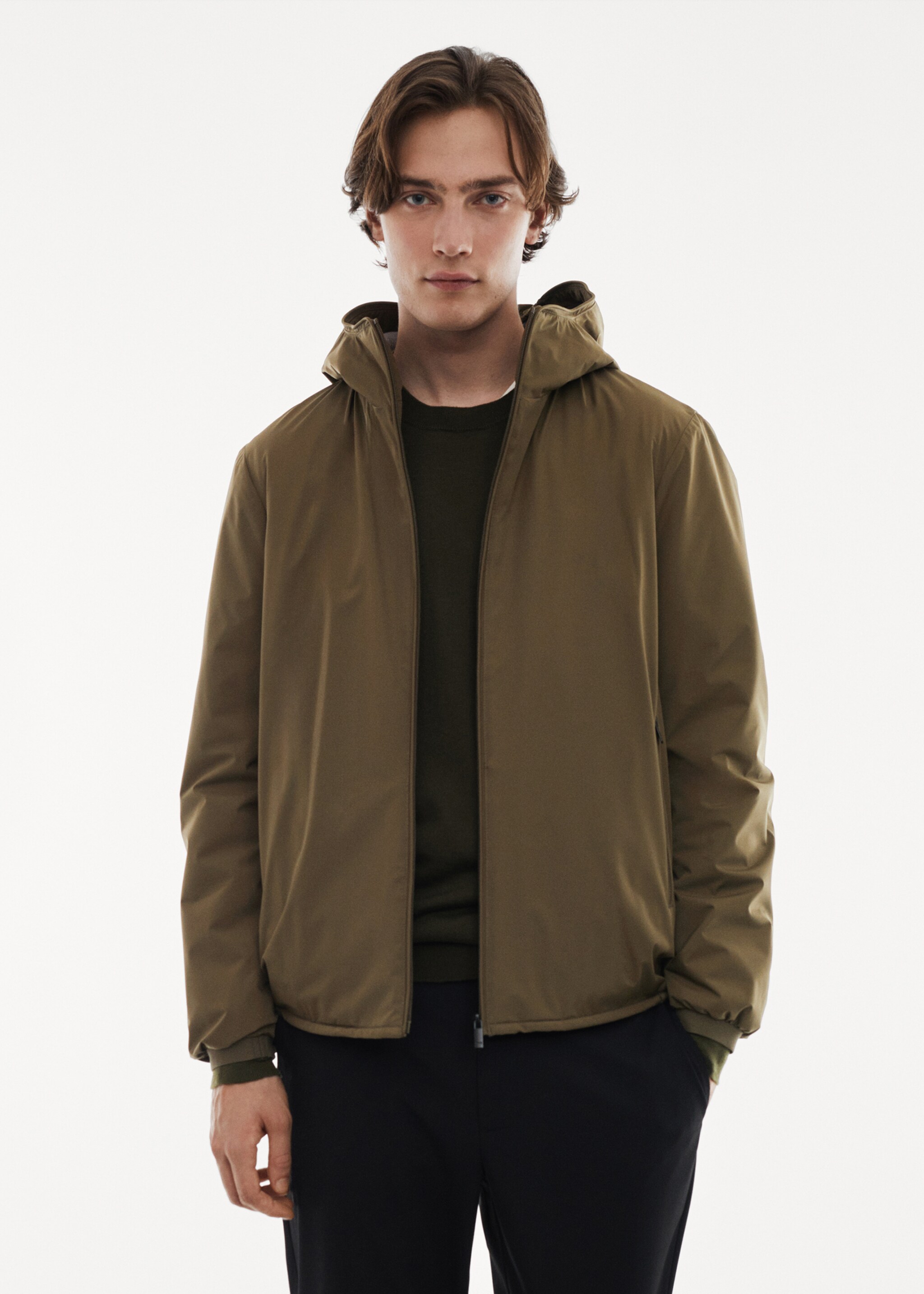 Water-repellent hooded quilted jacket - Medium plane, Khaki. Ref: 67010628-00.