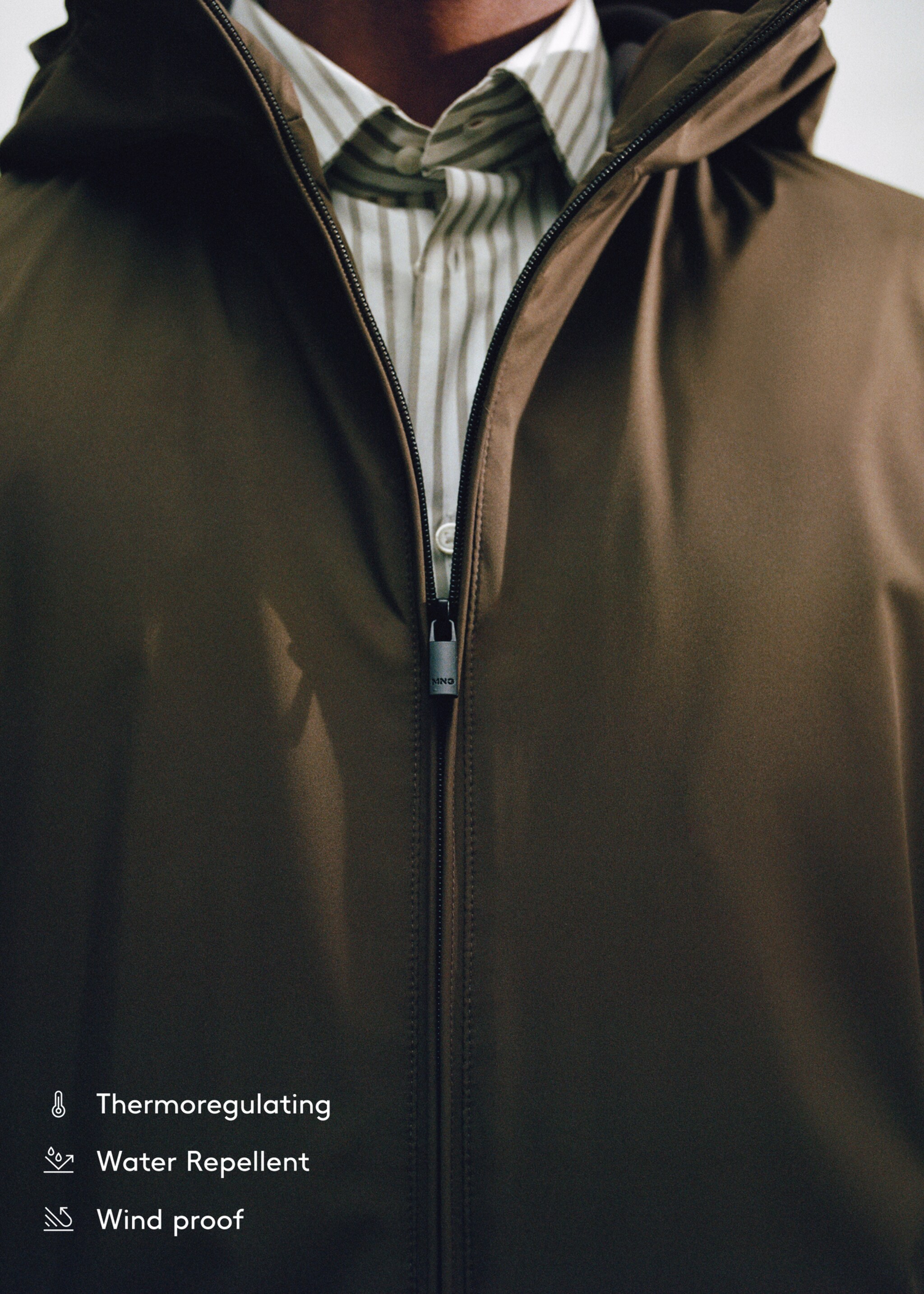 Water-repellent hooded quilted jacket - Details of the article 6, Khaki. Ref: 67010628-00.