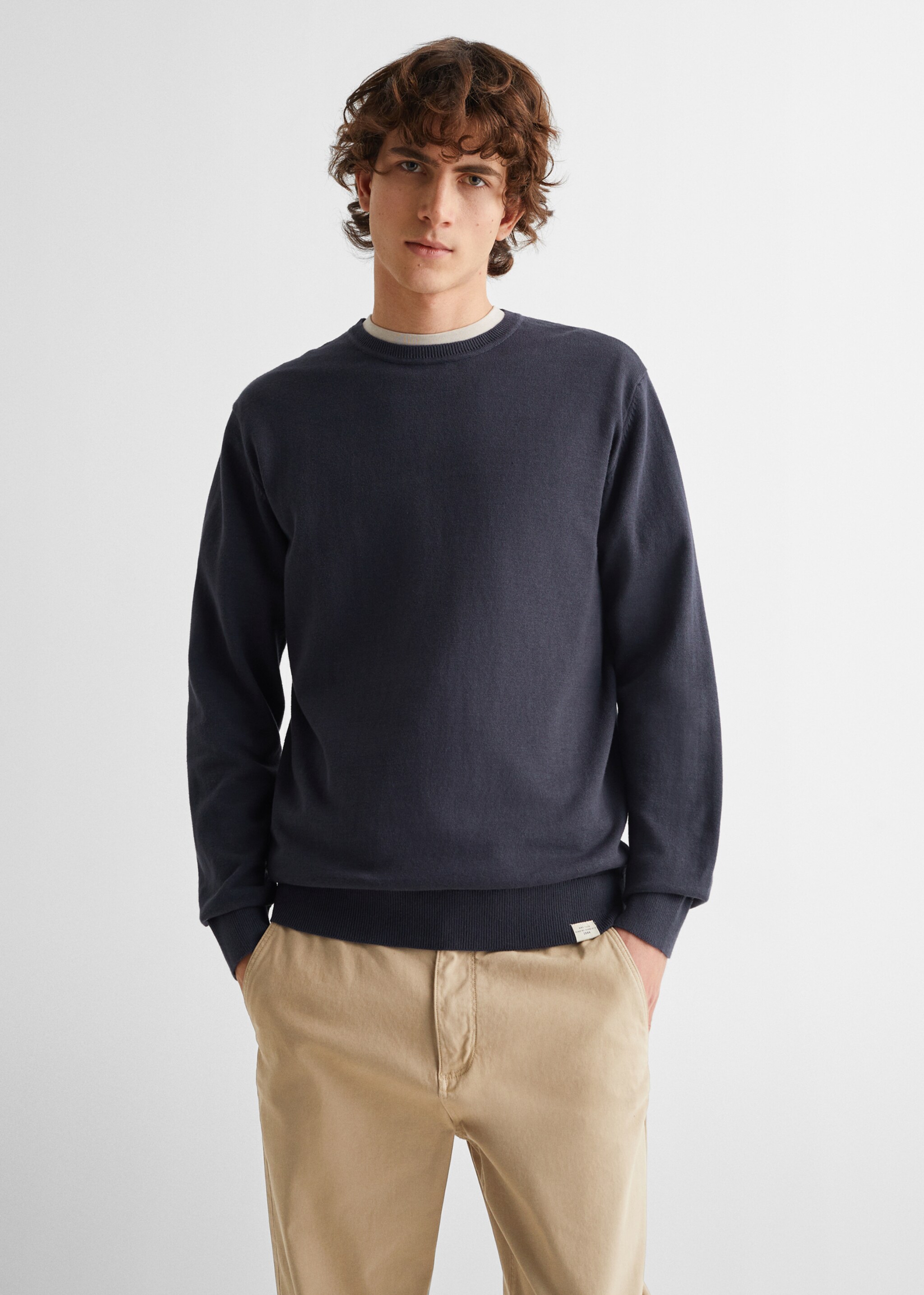 Pull-over jaspé coton - Plan moyen, Bleu marine foncé. Ref: 67010667-00.