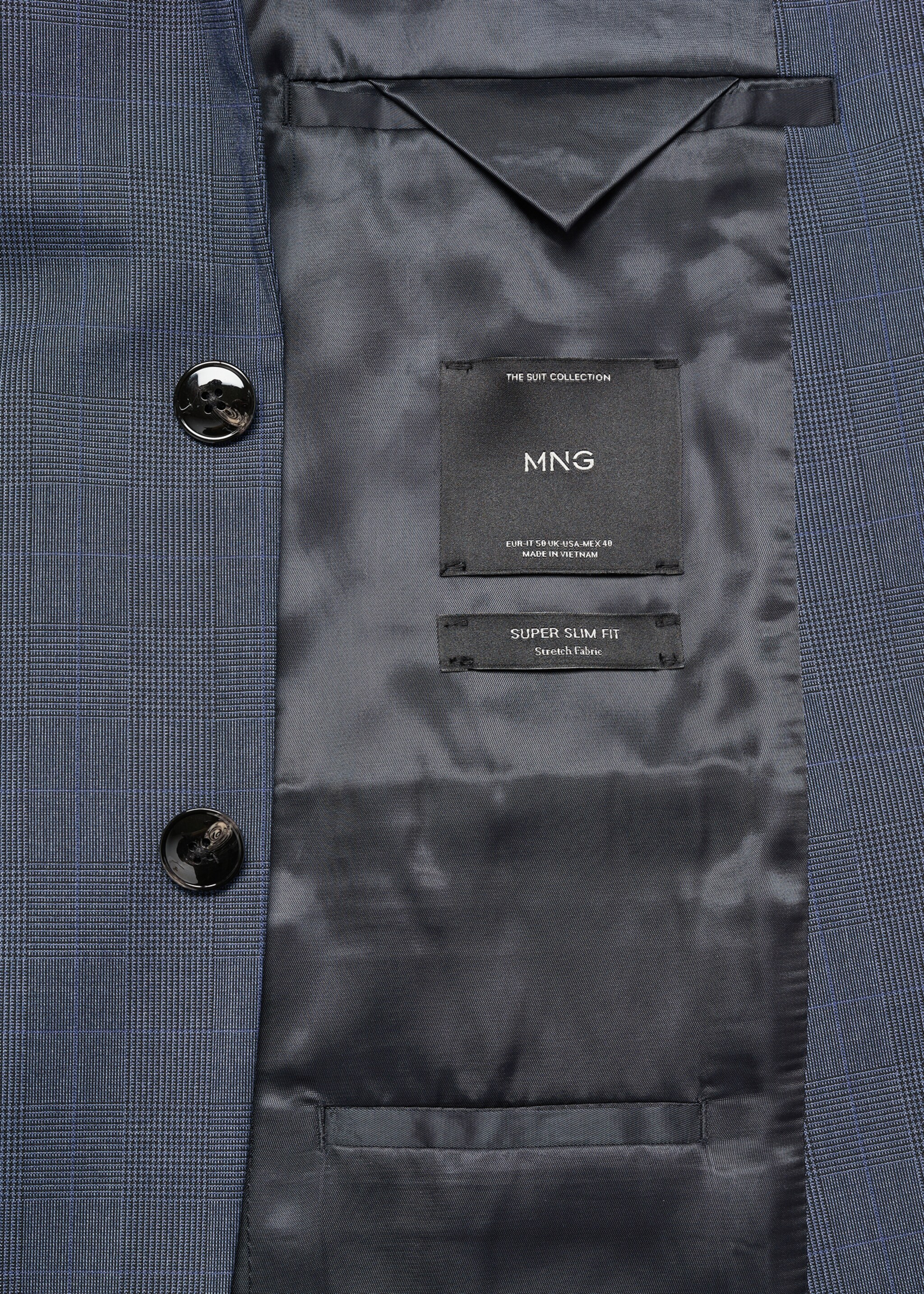 Super Slim Fit-Anzugsakko aus Stretchgewebe - Detail des Artikels 8, Indigoblau. Ref: 67015986-00.