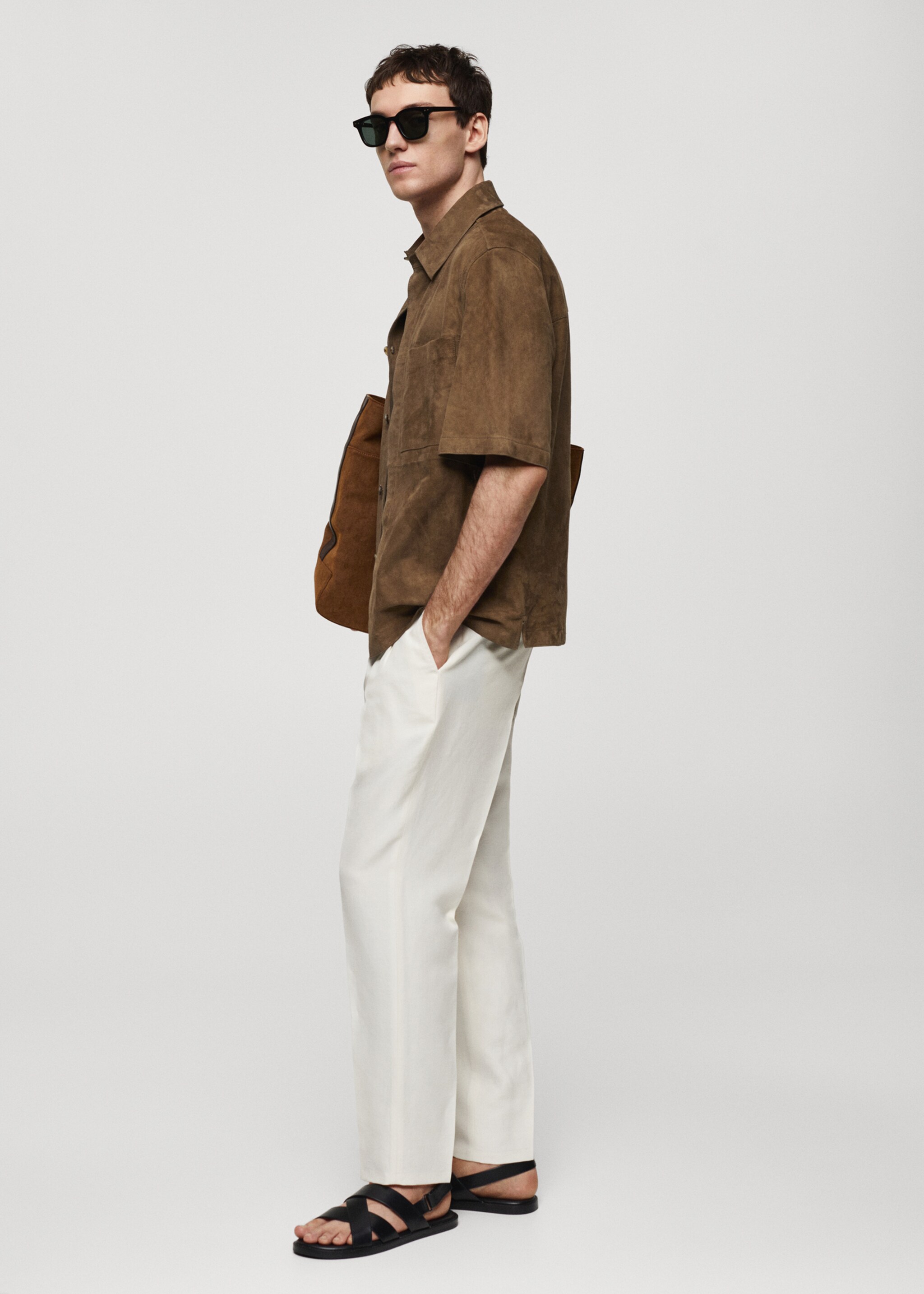 Linen slim-fit pleated trousers - Details of the article 2, Ecru. Ref: 67018270-00.