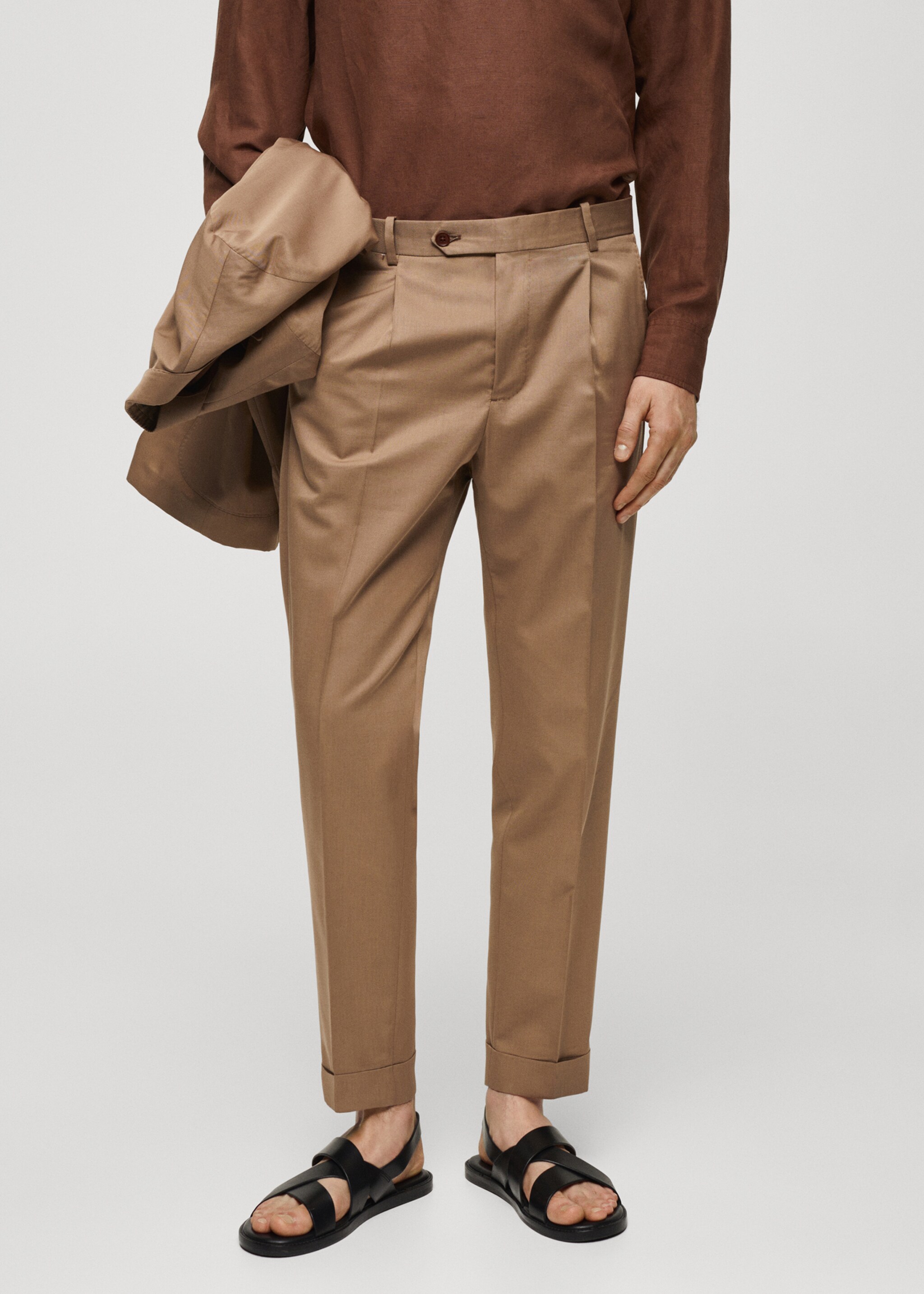 Virgin wool cotton suit trousers with pleats - Medium plane, Brown. Ref: 67018272-00.