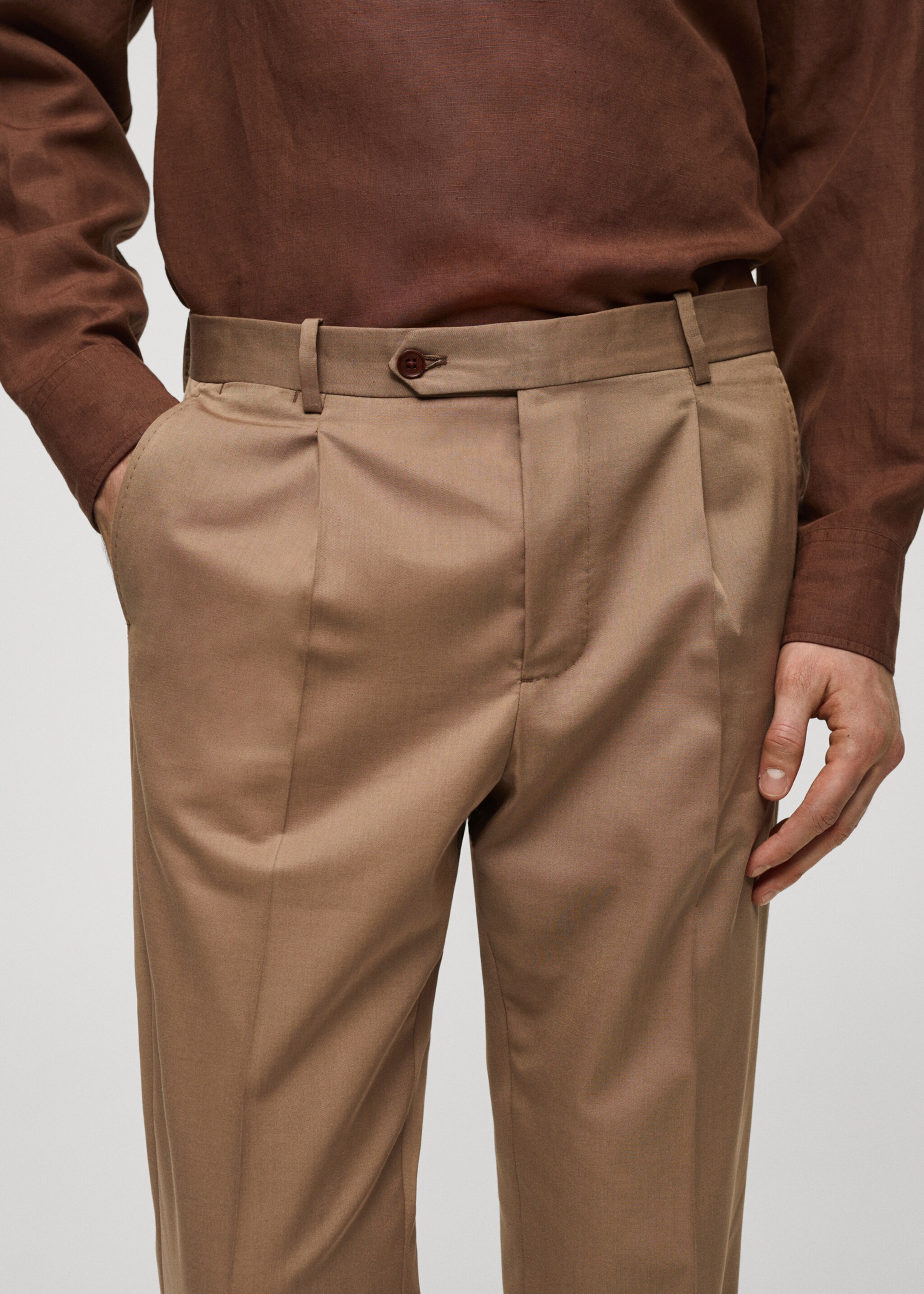 Virgin wool cotton suit trousers with pleats - Details of the article 1, Brown. Ref: 67018272-00.