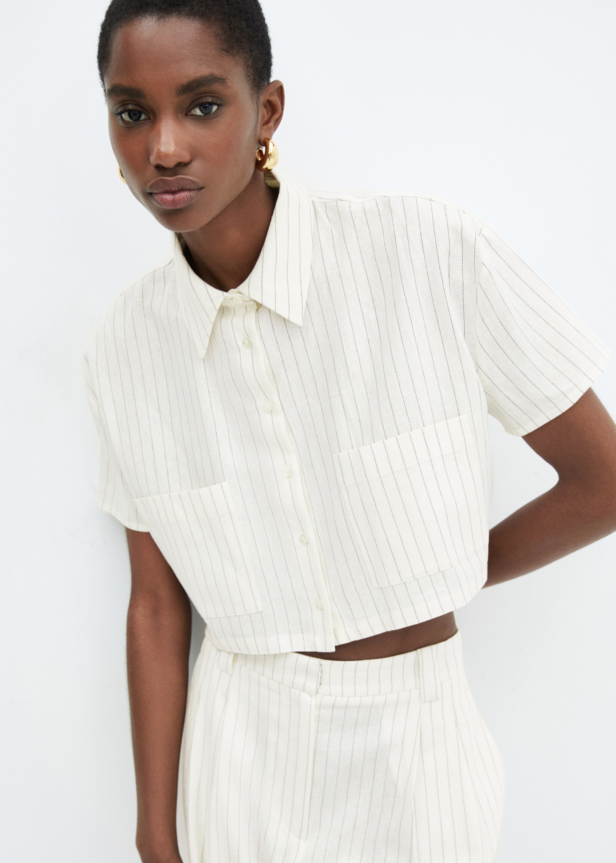 Cropped linen shirt - Details of the article 2, White. Ref: 67020440-00.