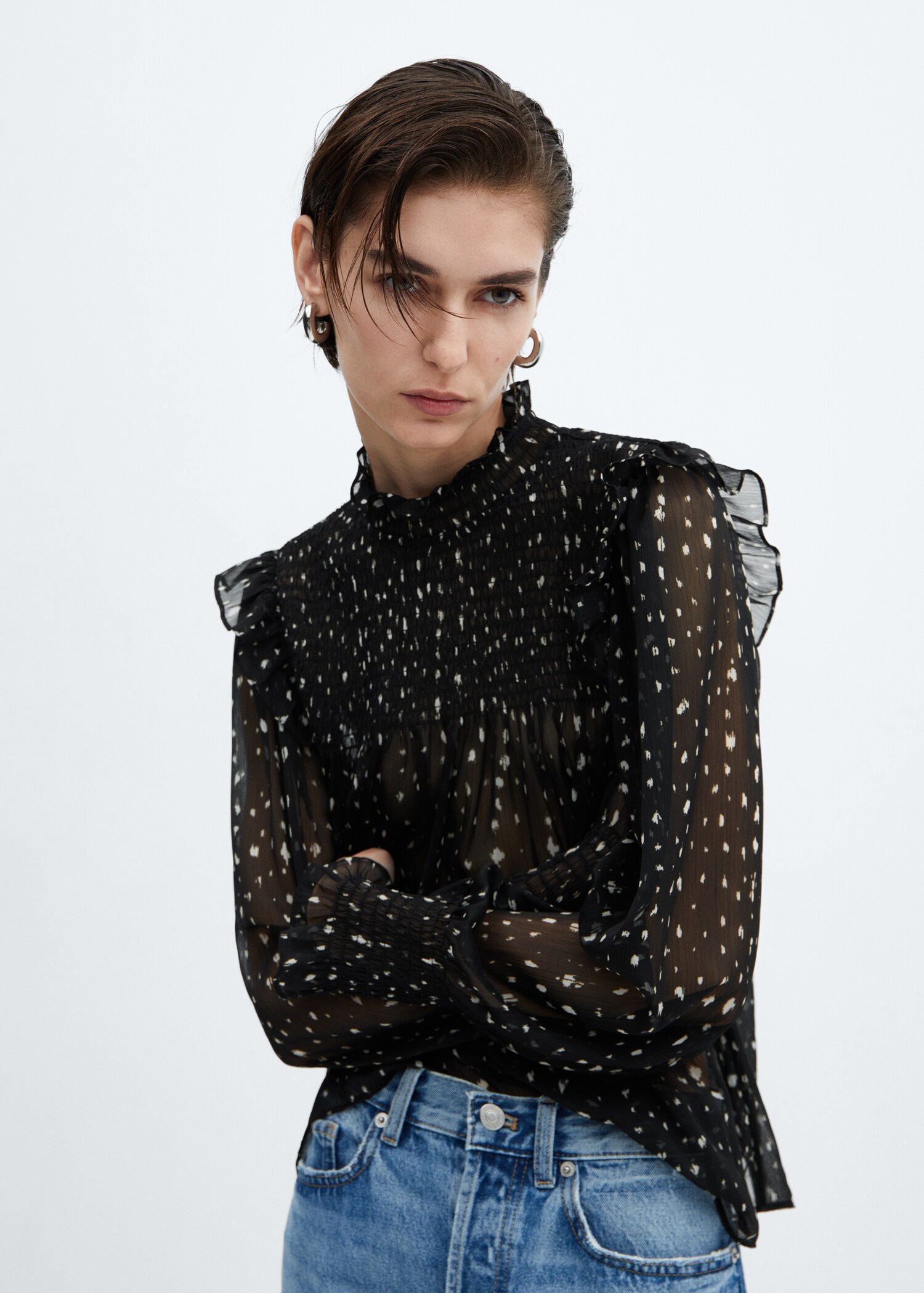 Gemusterte Bluse mit Volantdetails - Detail des Artikels 1