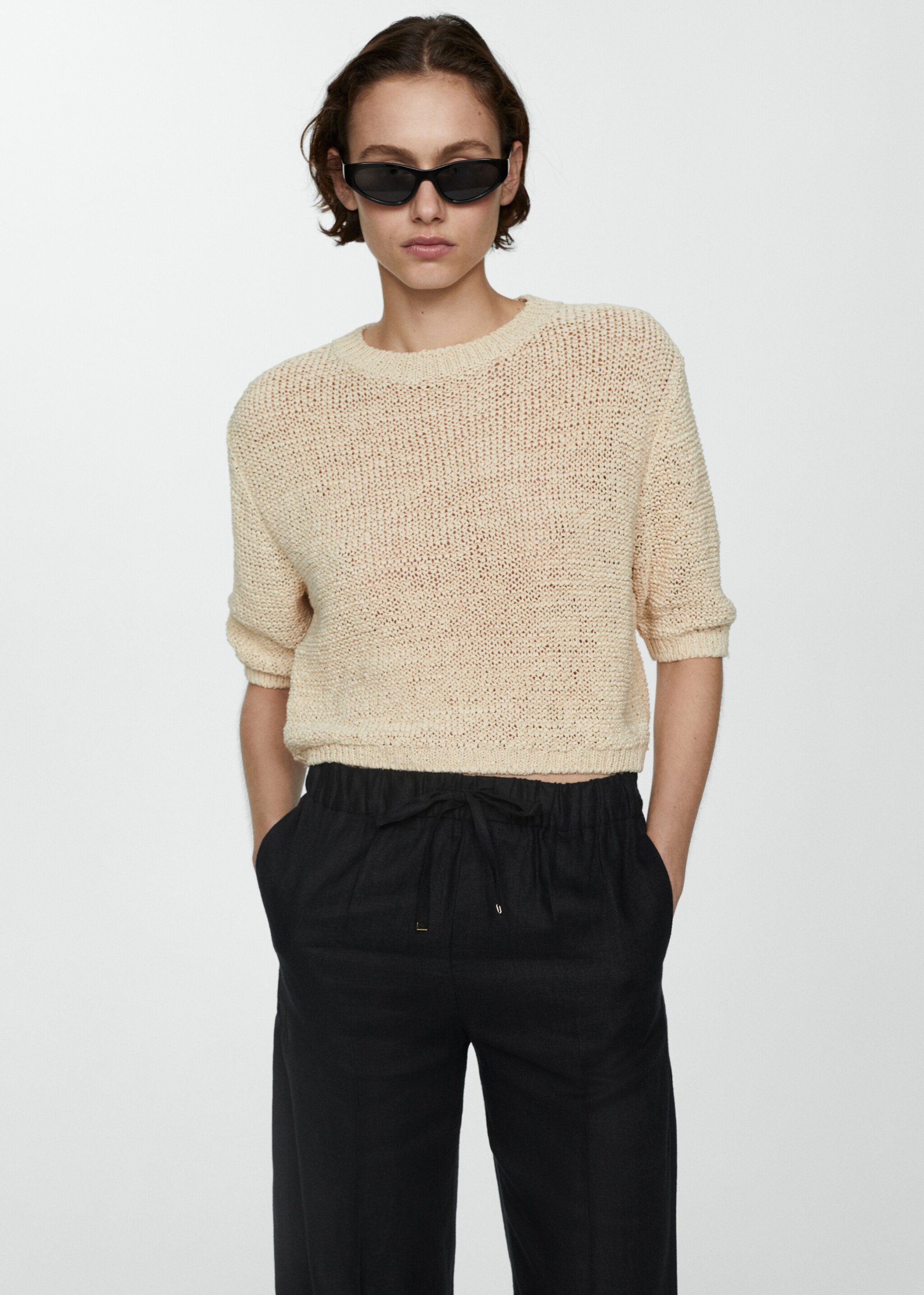 Linen-blend elastic waist trousers - Details of the article 2