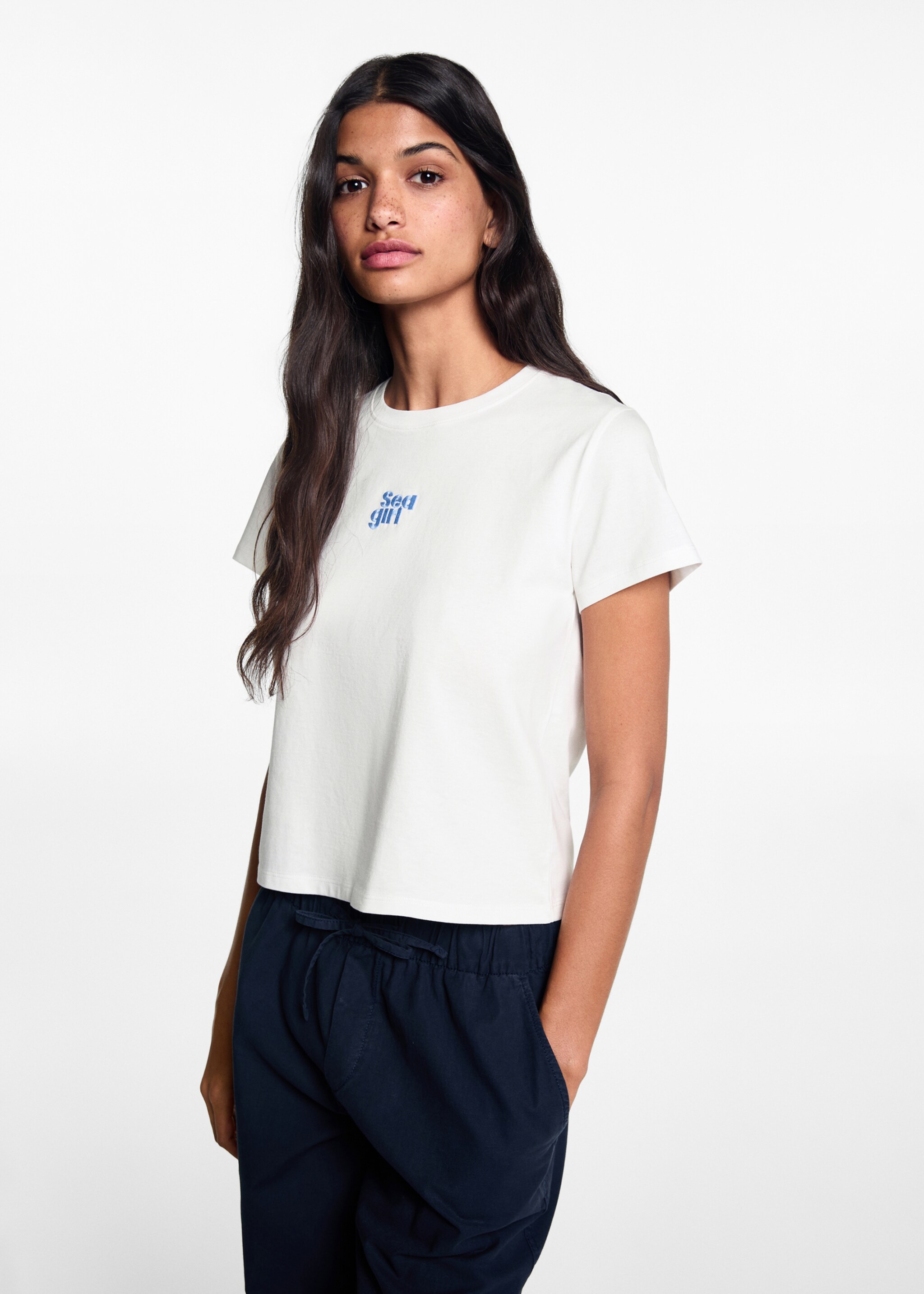 Embroidered detail cotton T-shirt - Medium plane, Off White. Ref: 67028272-00.