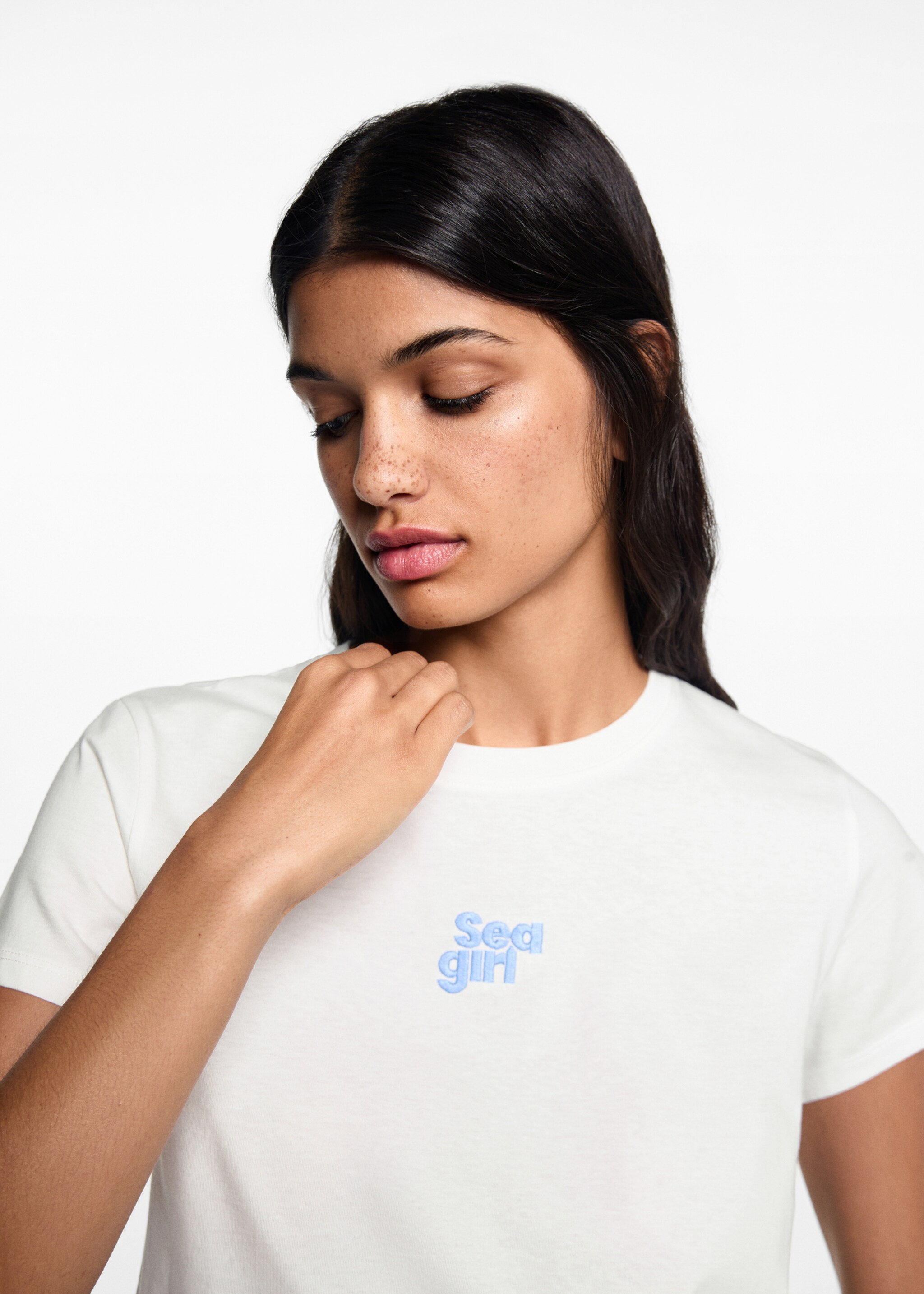 Embroidered detail cotton T-shirt - Details of the article 1, Off White. Ref: 67028272-00.