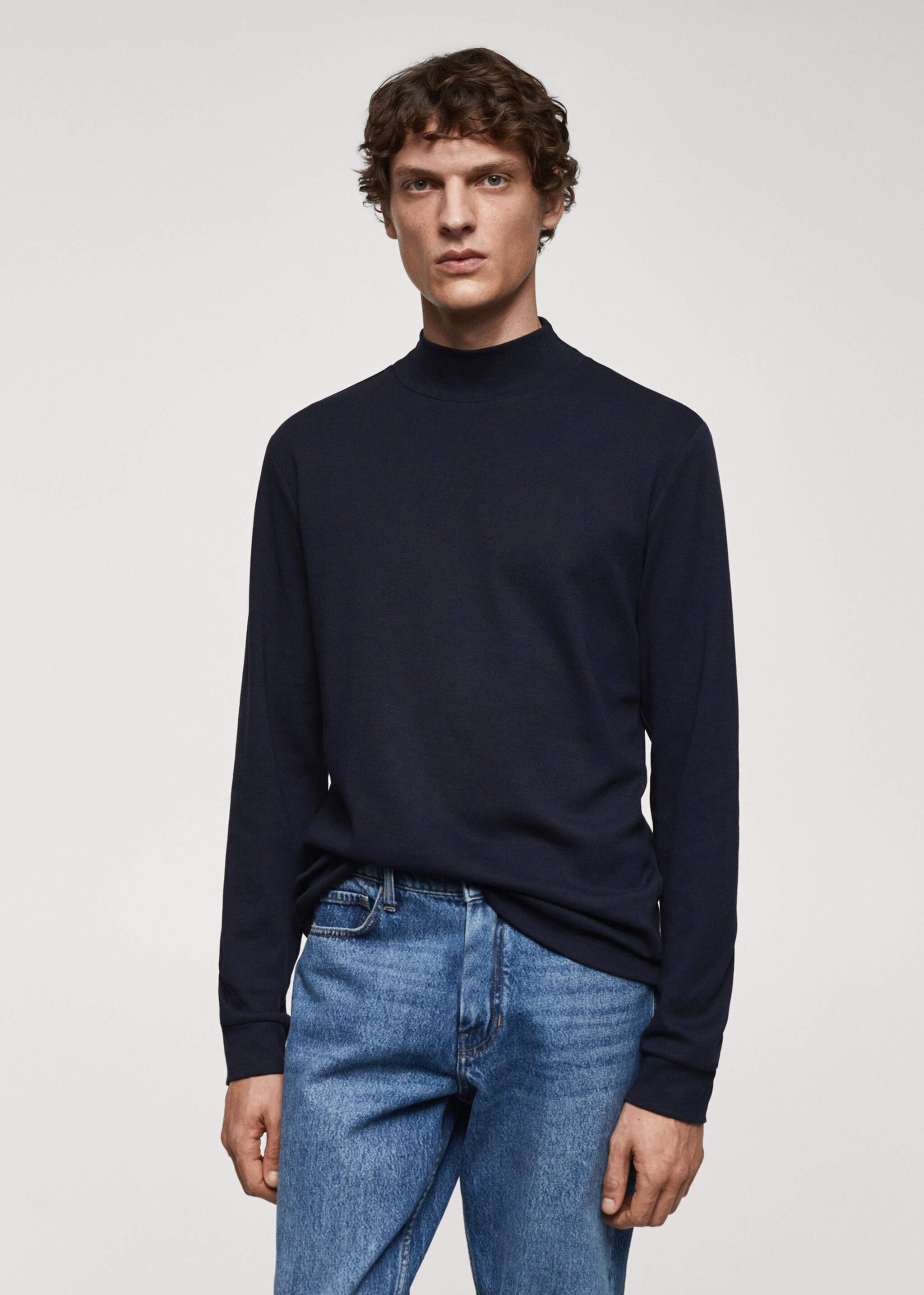 Perkins-neck long-sleeved t-shirt - Medium plane, Dark Navy. Ref: 67030442-00.