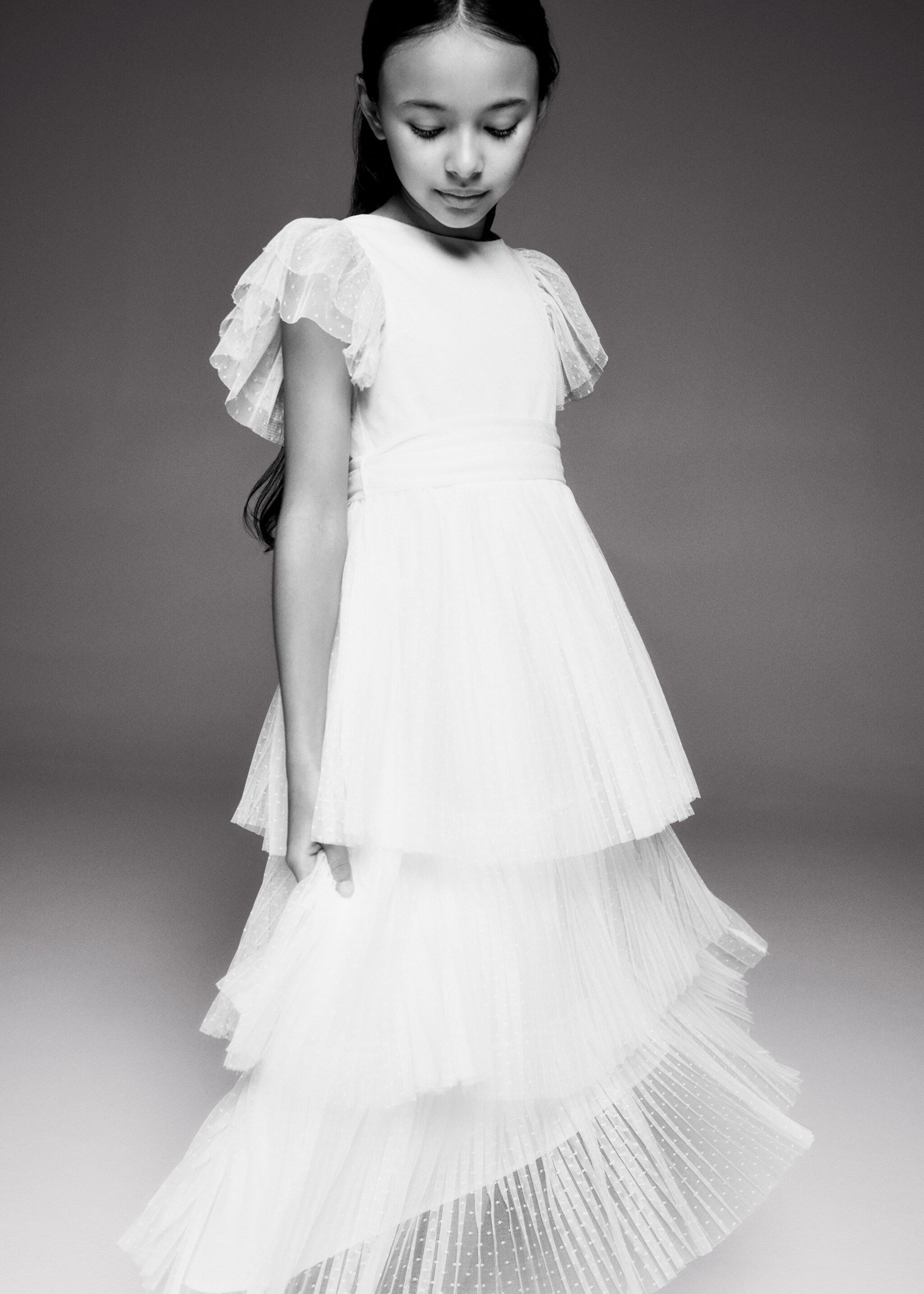 Ruffled tulle dress - Details of the article 5, White. Ref: 67033697-00.