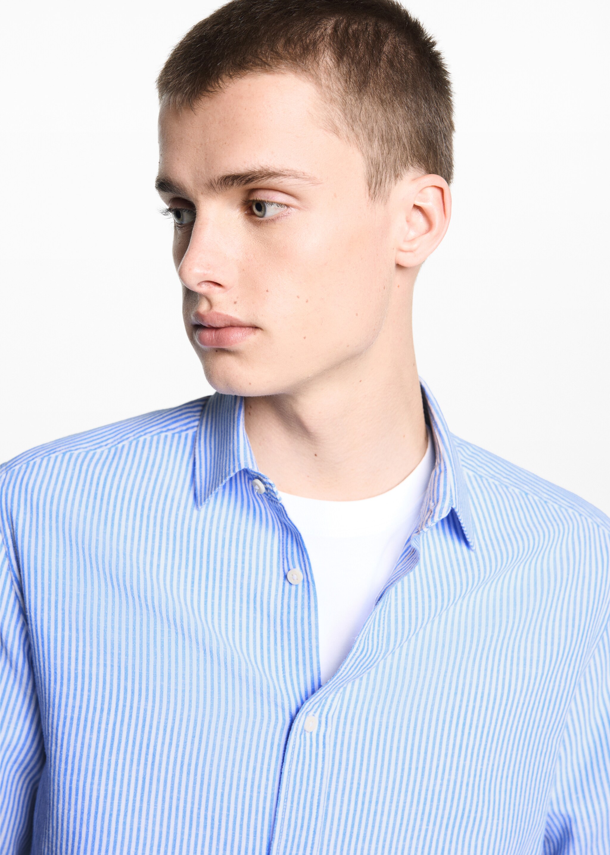 Striped linen-blend shirt - Details of the article 1, Blue. Ref: 67036045-00.