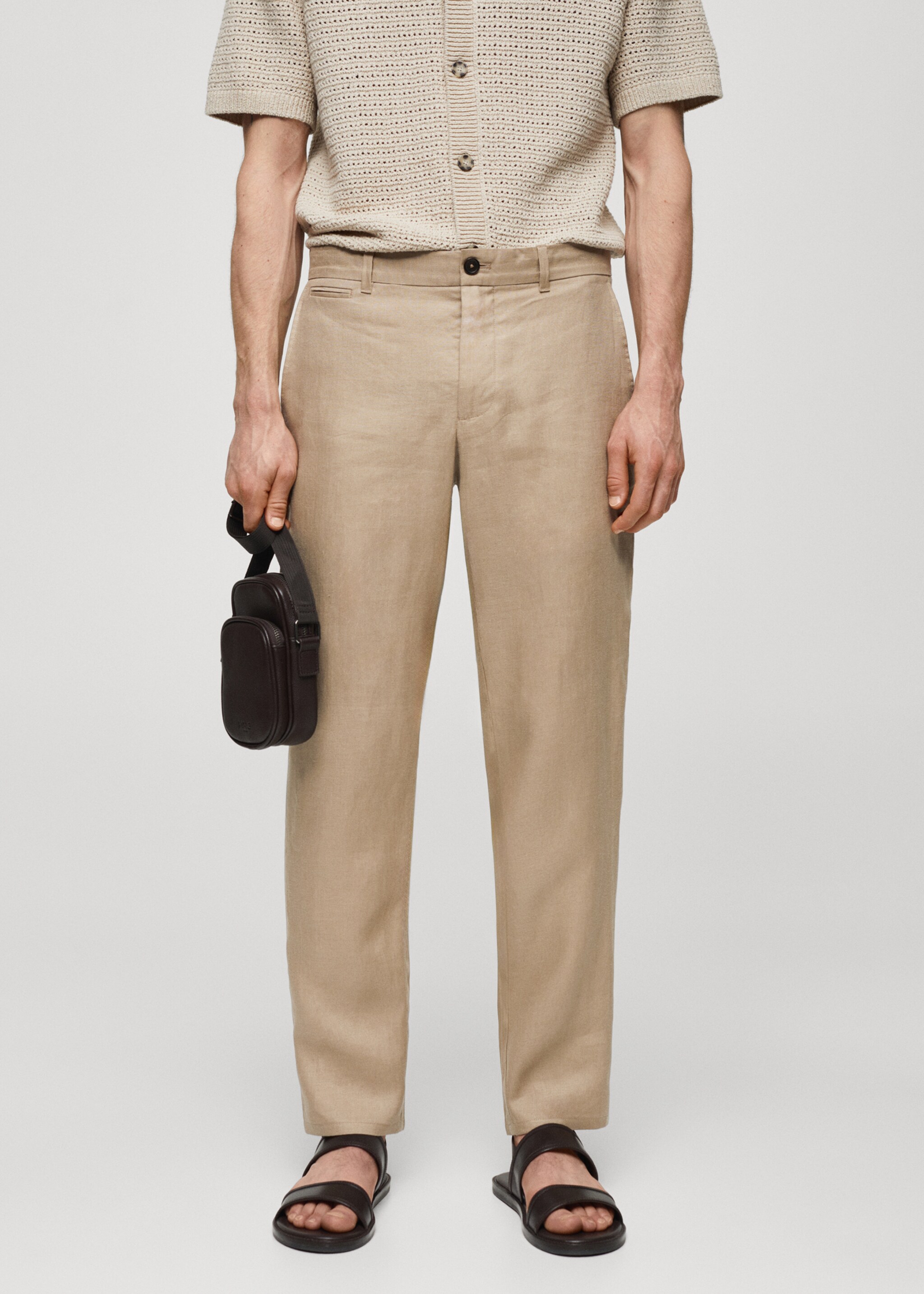 Slim-fit 100% linen trousers - Medium plane, Beige. Ref: 67036725-00.