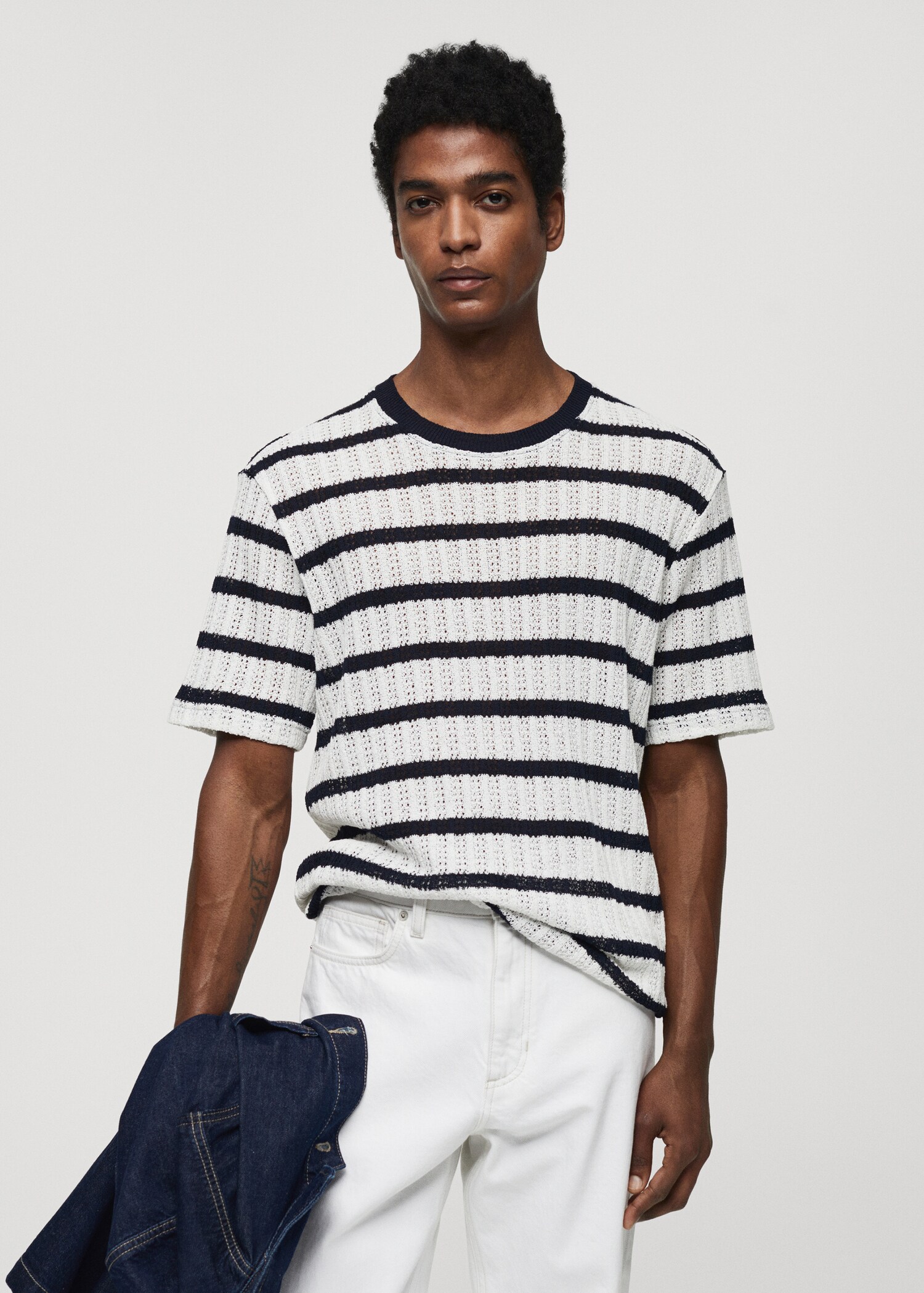 Regular-fit openwork striped t-shirt - Medium plane